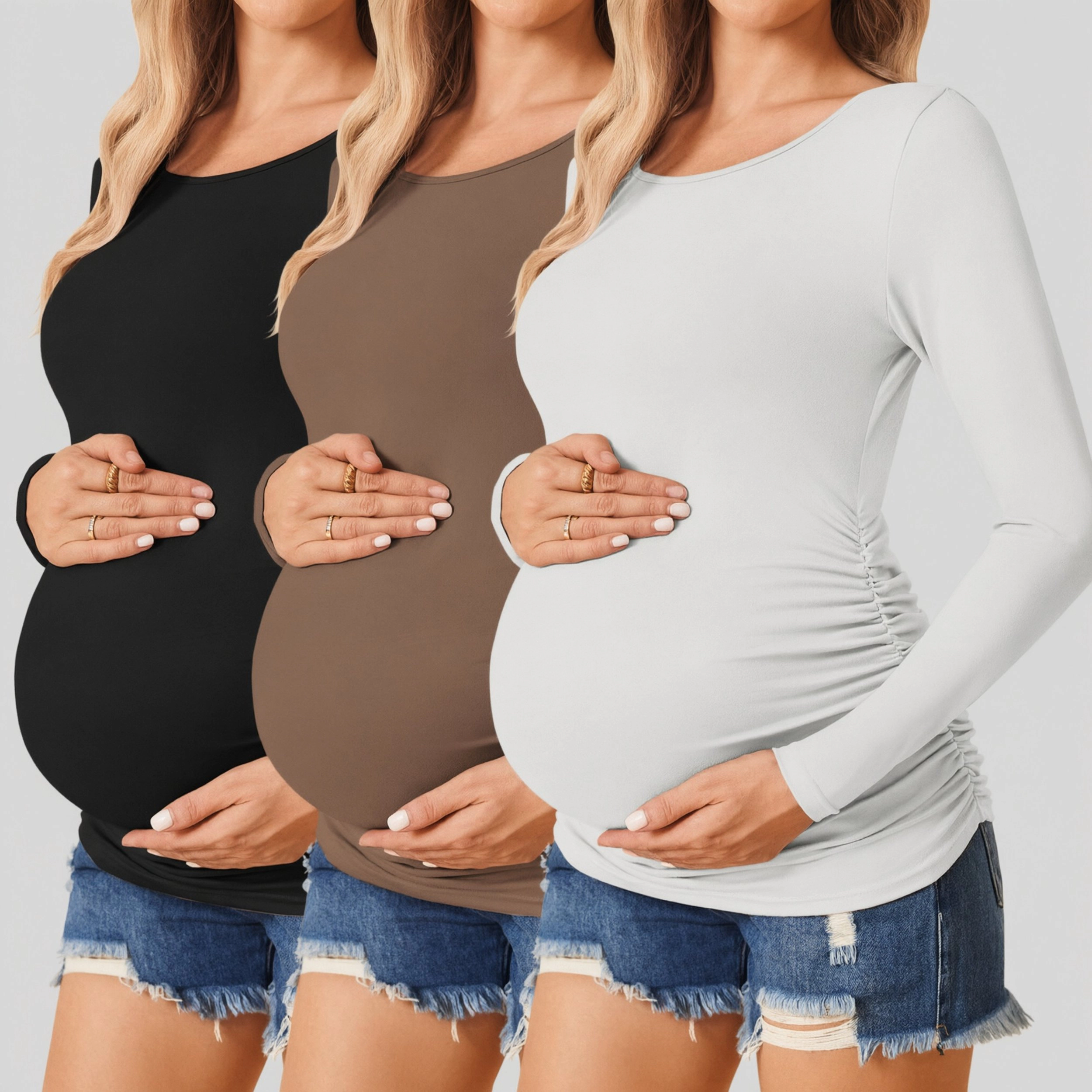 Ekouaer Women's Side Ruched Crew Neck Long Sleeve Maternity T-Shirt