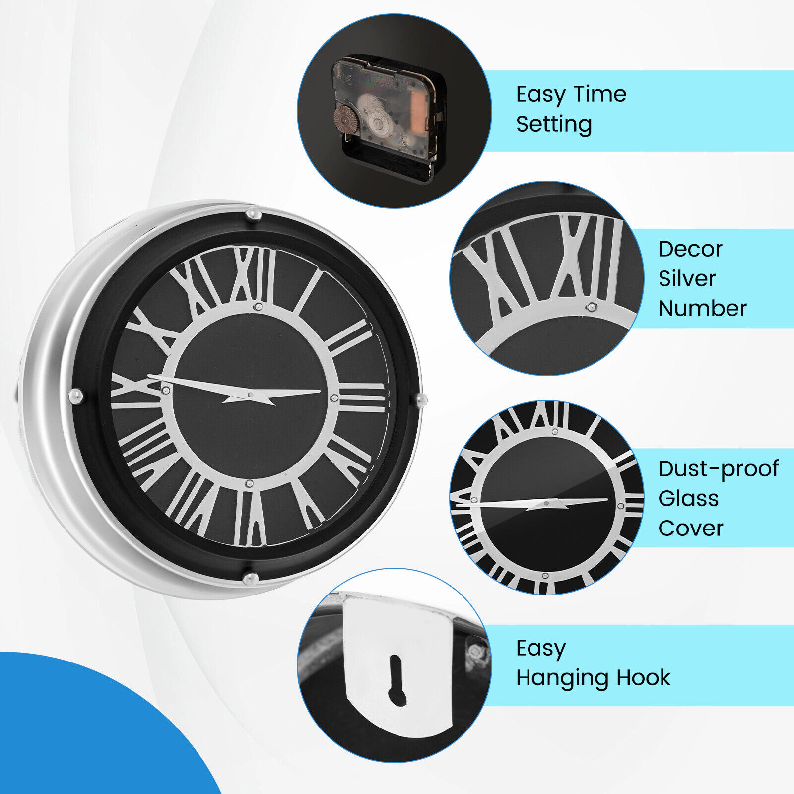 SUGIFT Silent Quartz Wall Clock with Silver Frame 17.5-in Face Stainless Steel Aluminum Glass 1-AA Battery Silver