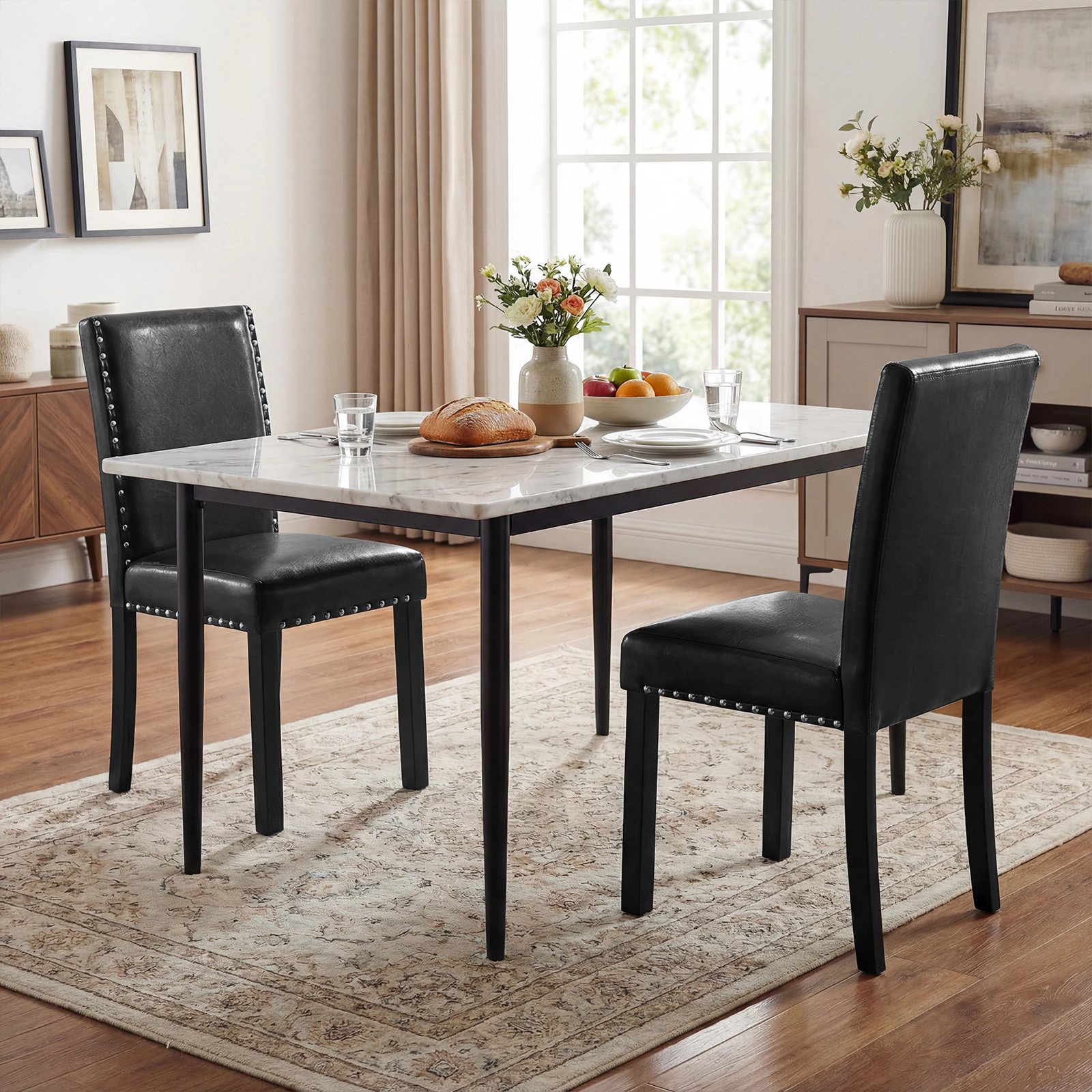 SUGIFT Set of 2 Black Faux Leather Armless Dining Chairs with Wood Legs