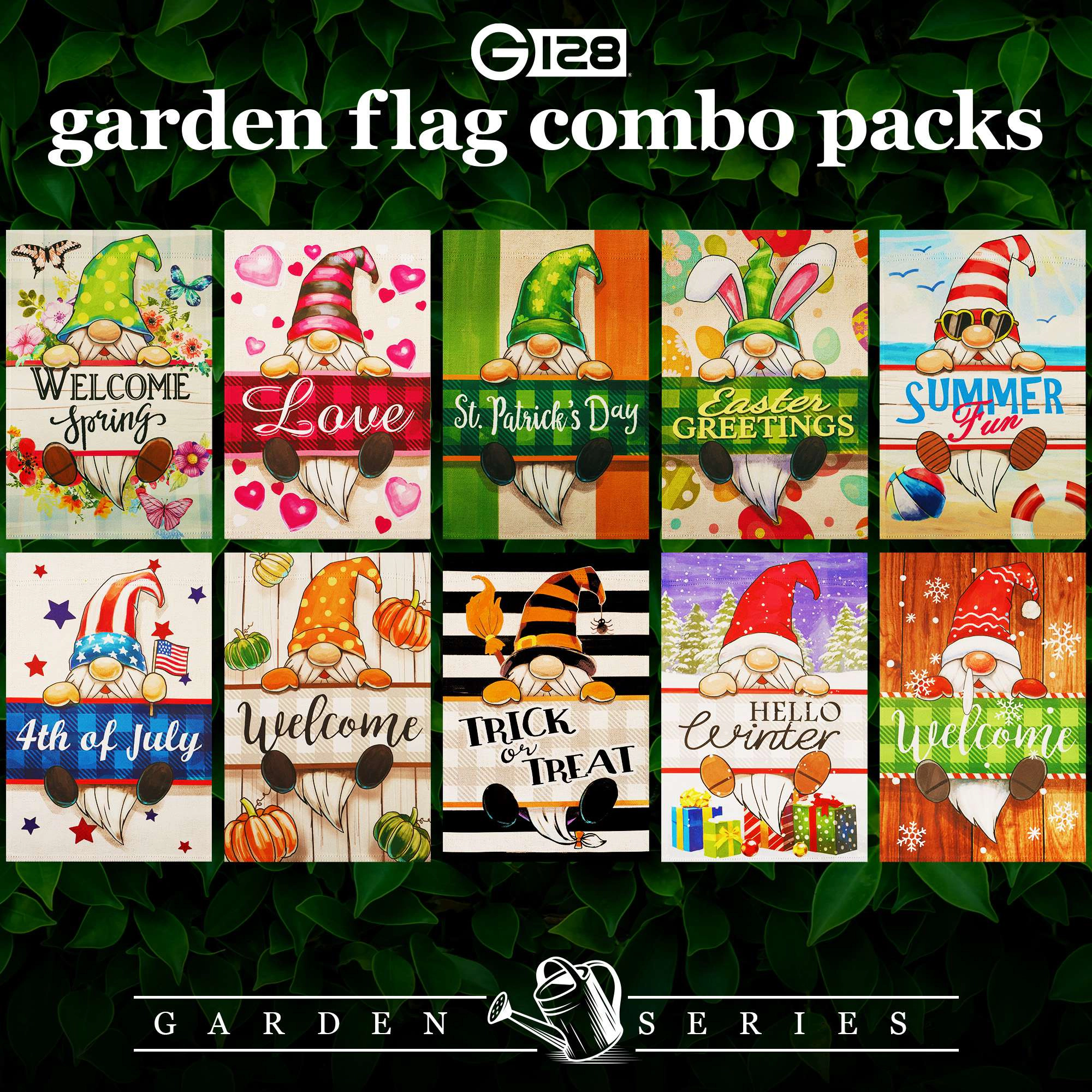 G128 Holiday Gnomes 10pc Garden Flag Set 12x18 in Double-Sided All-Season Yard Decoration