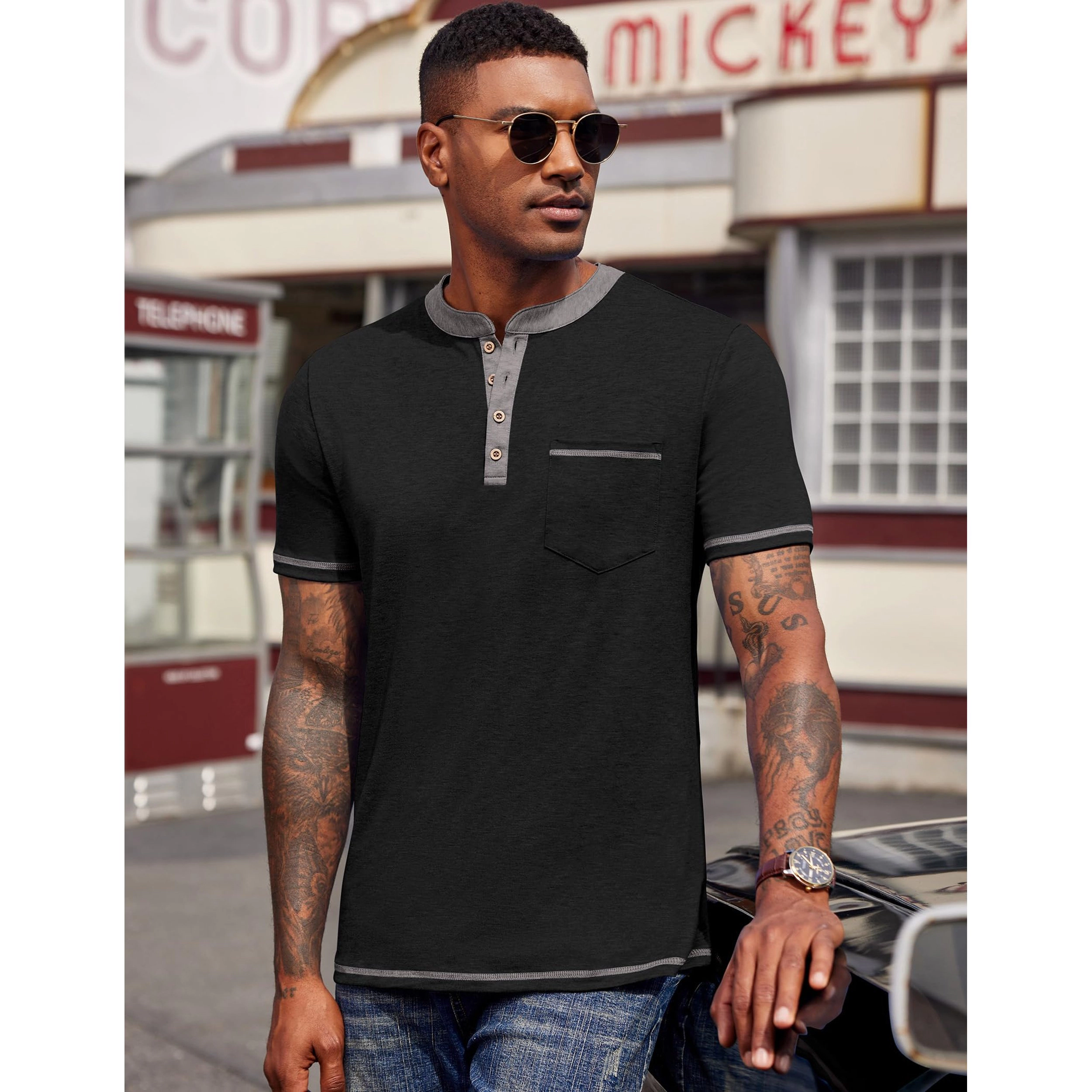 COOFANDY Mens Short Sleeve Henley Shirt Contrast Trim Button Pocket Casual Tee Tops
