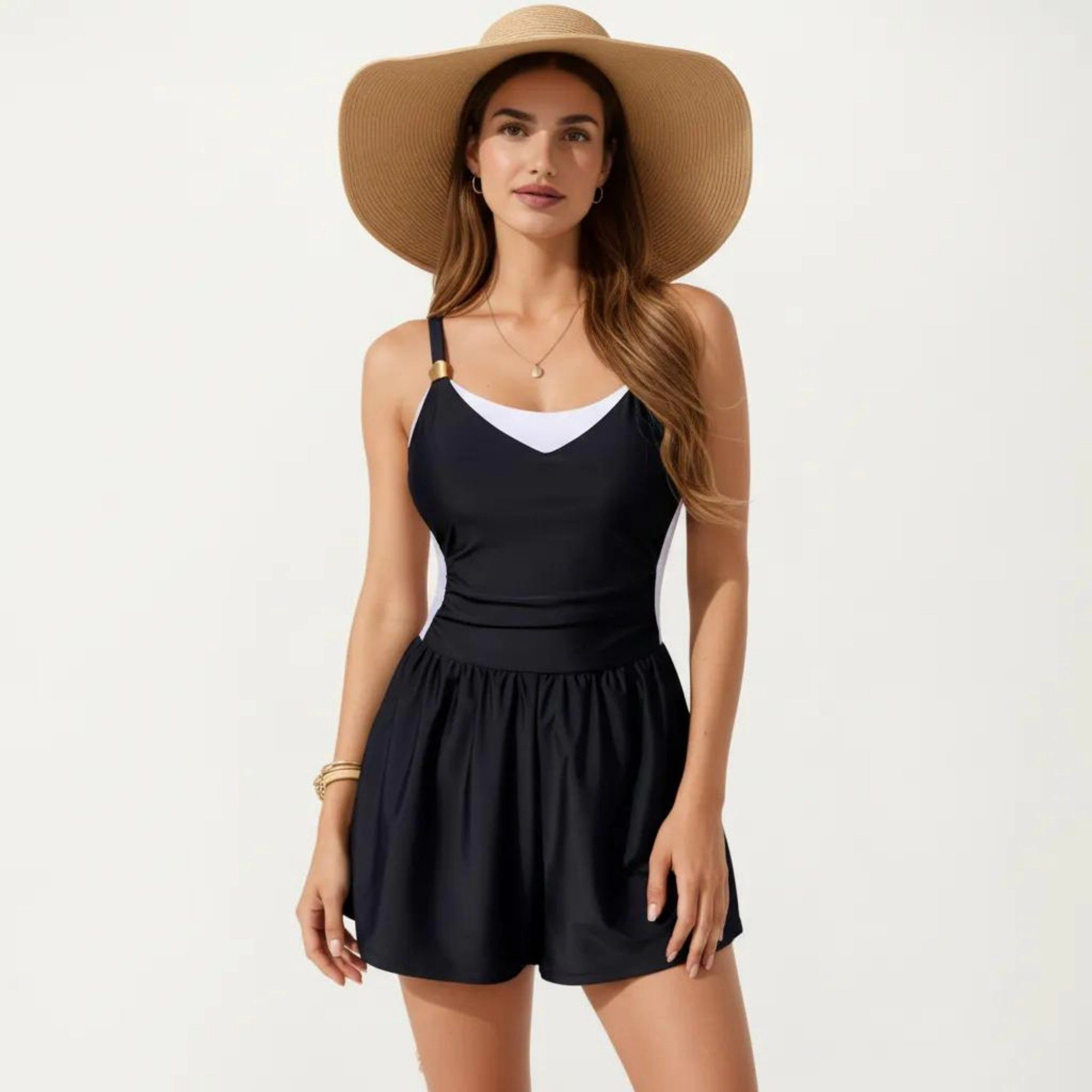 Anna-Kaci Women One-Piece Swim Romper - Contrast Neckline, Adjustable Straps, Flowy Short Bottom