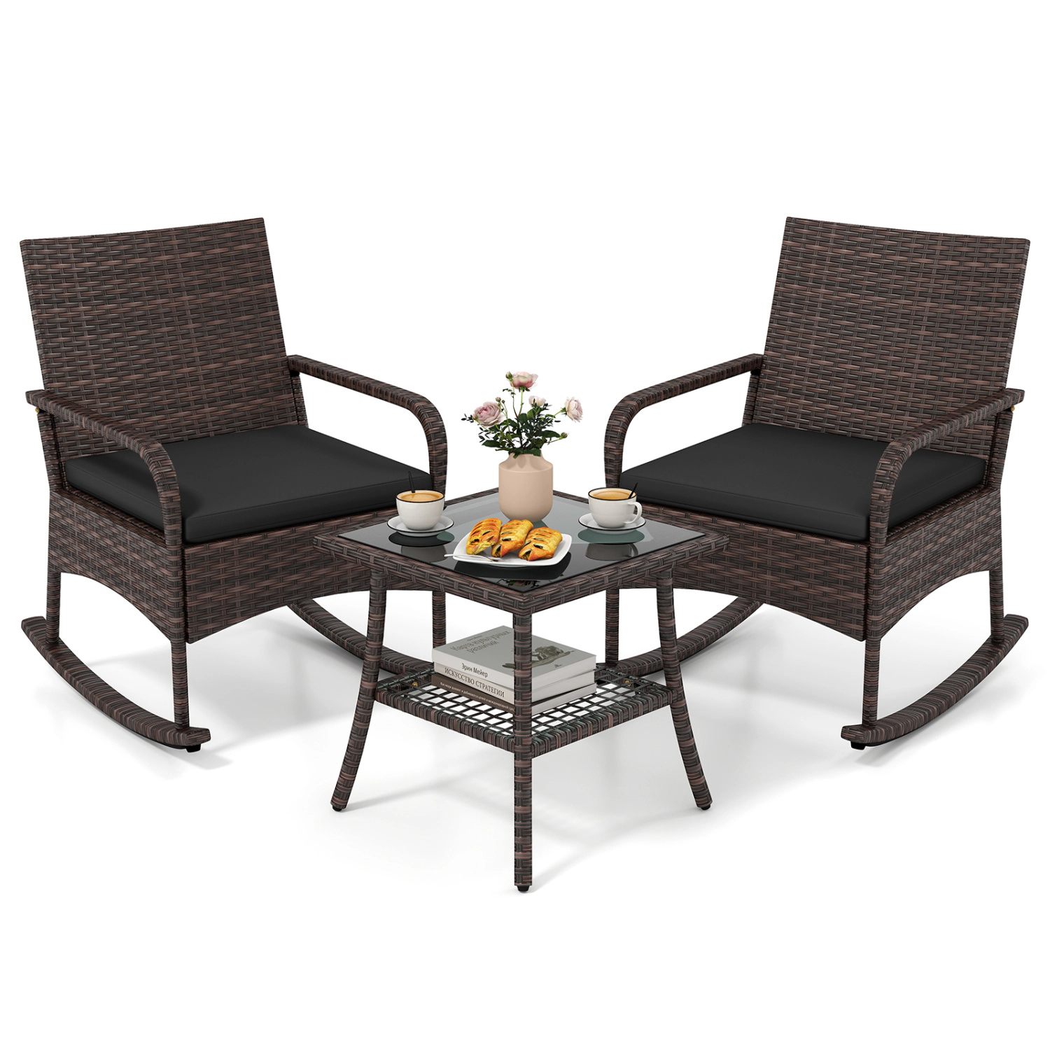 LJG 3 Pieces PE Wicker Rocking Bistro Set with 2-Tier Side Table Cushions and Ergonomic Armchairs for Porch
