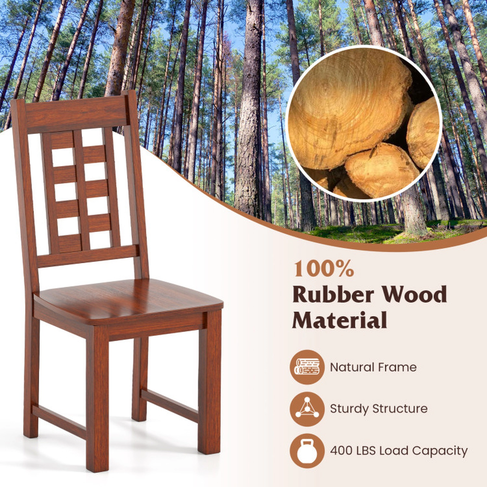 SUGIFT Walnut Wooden Solid Rubber Wood Hollowed Back Set of 2 Kitchen Dining Chairs
