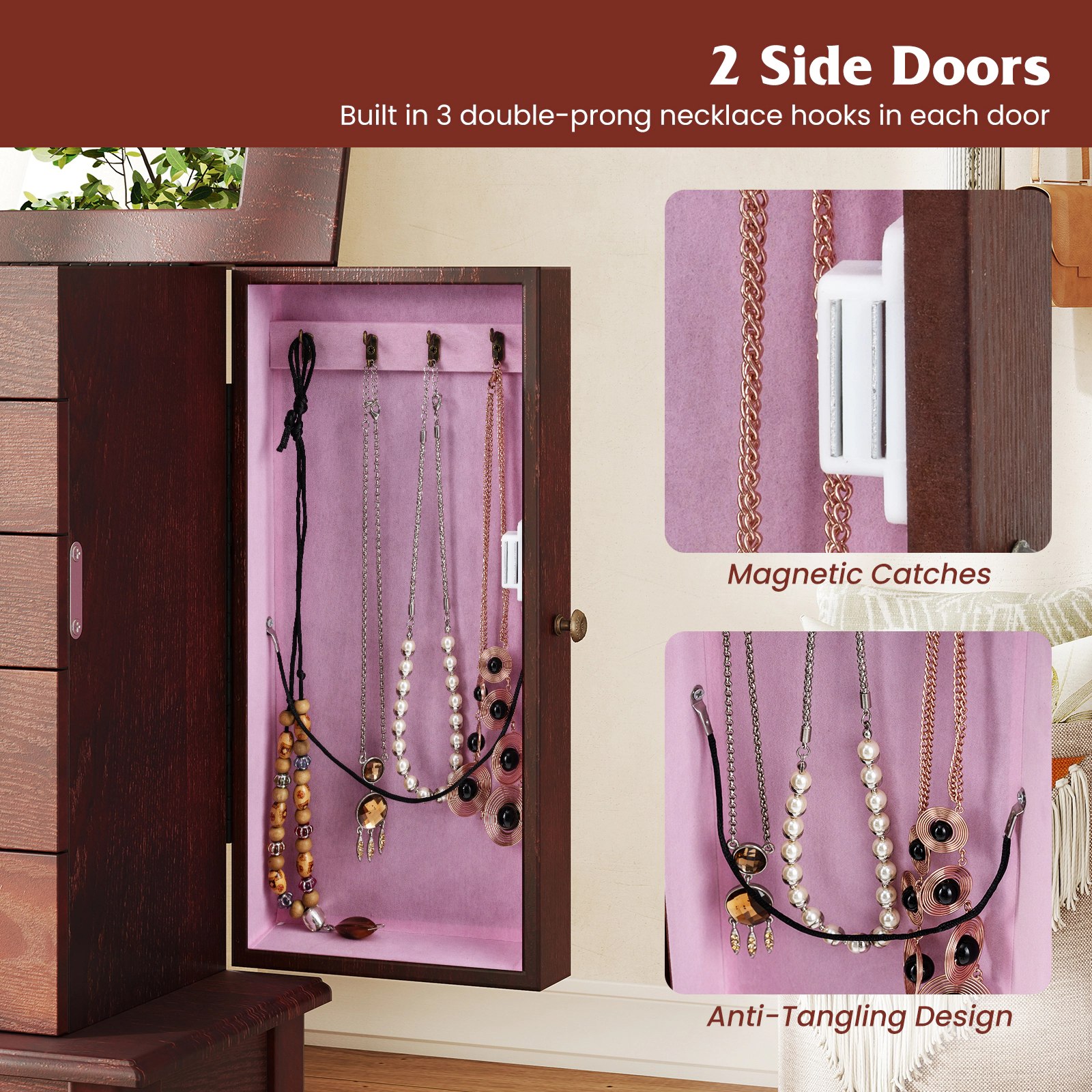 SUGIFT Standing Jewelry Armoire Cabinet with Mirror and 5 Drawers 34-in Tall 2-Compartment MDF Storage Brown