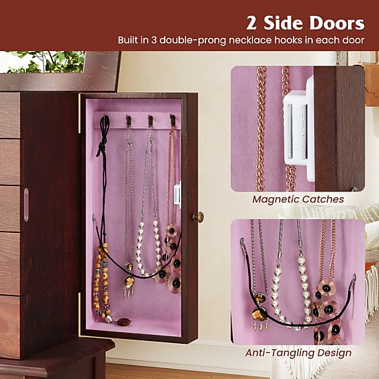 SUGIFT Standing Jewelry Armoire Cabinet with Mirror and 5 Drawers 34-in Tall 2-Compartment MDF Storage Brown
