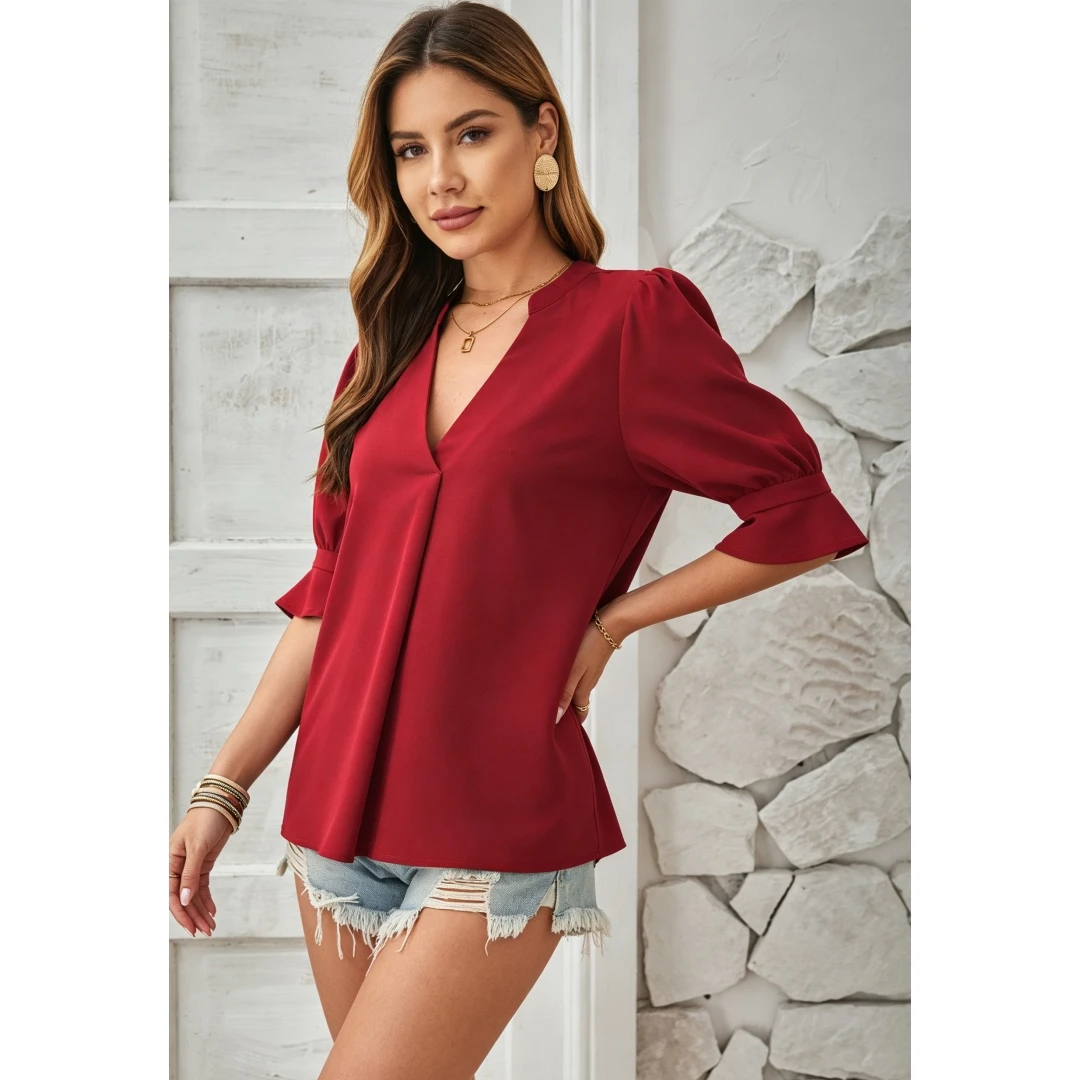 Coolmee Women's 3/4 Sleeve Tops Dressy Casual Pleated V Neck Business Work Blouses Office Shirts