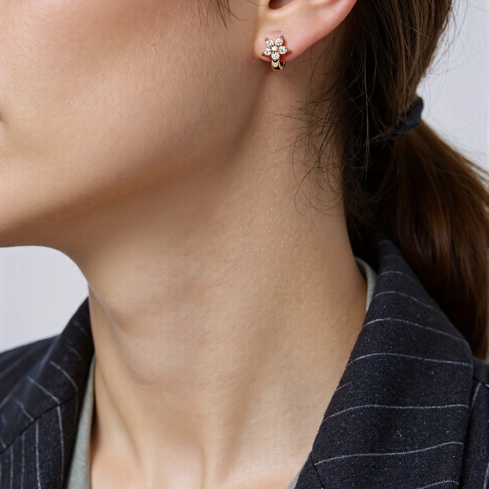 Tone Sparkling Crystal Flower Huggie Hoop Earring