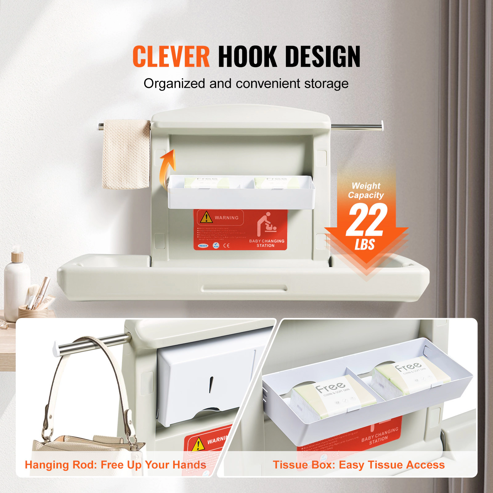 HONGGE Wall-Mounted Baby Changing Station with L-Shaped Fold, Safety Strap, for Commercial Bathrooms & Daycares