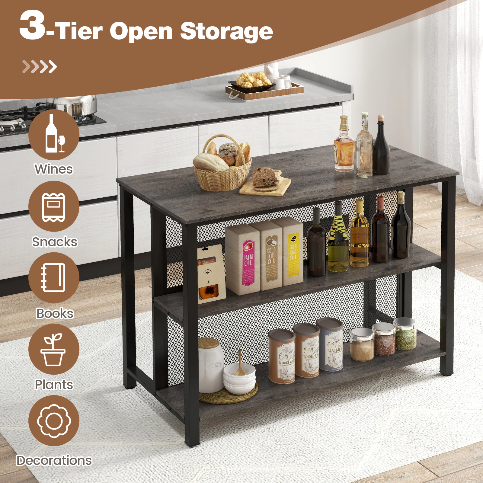 SUGIFT 3-Tier Bar Table with Open Storage Metal Frame 150-lb Tabletop Capacity 66-lb Shelf Capacity Gray