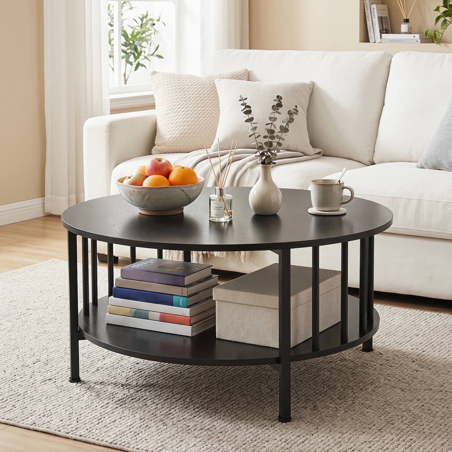 Glintex 2-Tier 32.5-Inch Round Coffee Table with Picket Metal Shelf Rails