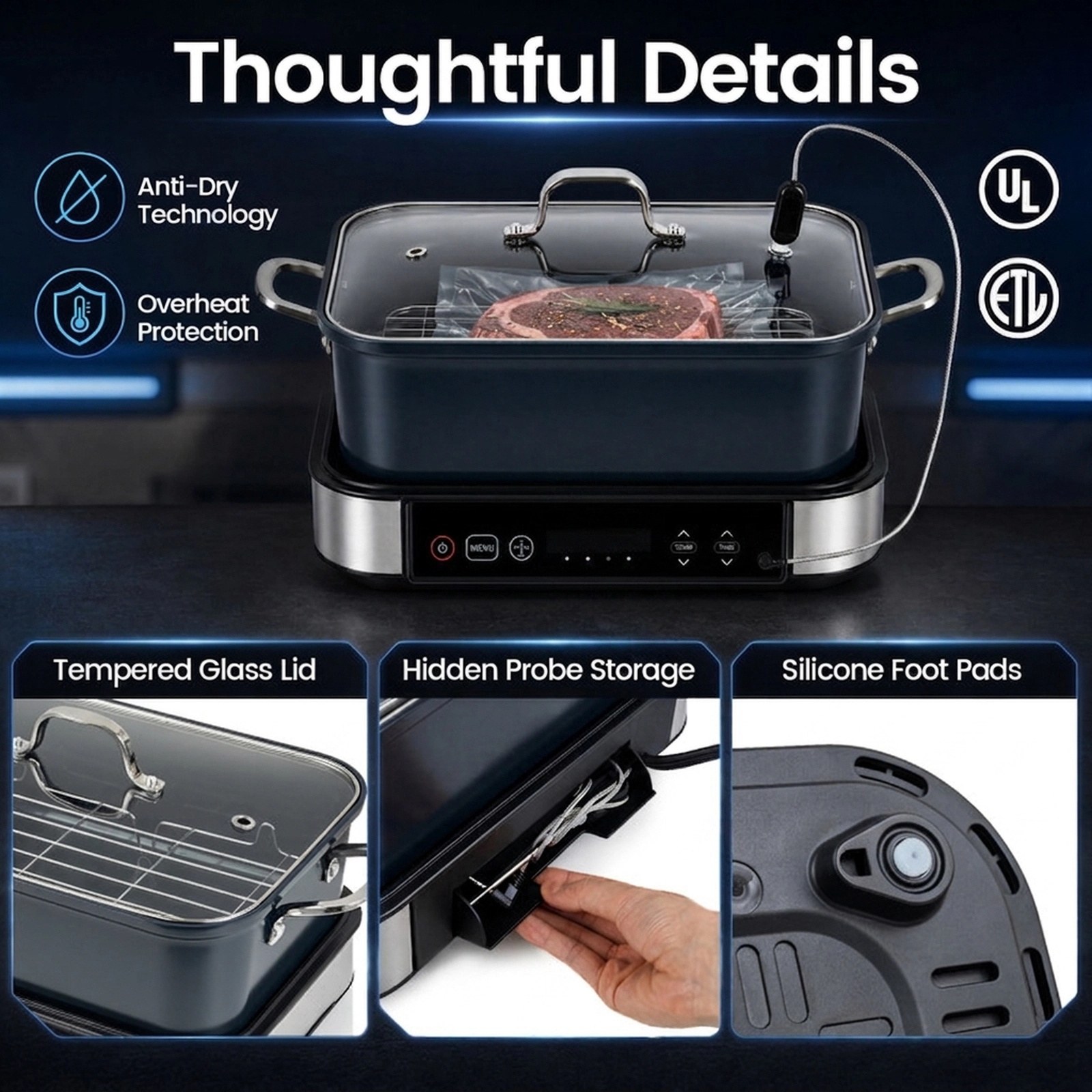 SUGIFT 6-in-1 Programmable Slow Cooker with Sous Vide Probe LED Touch Control and Nonstick Frying Pan Black