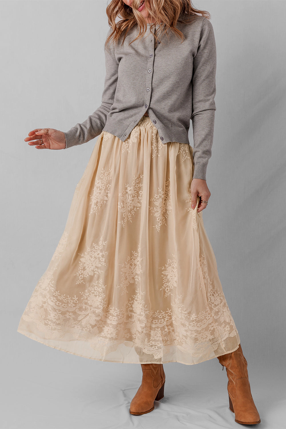 Threaded Pear Women's Vivienne Embroidered Mesh Overlay Long Skirt