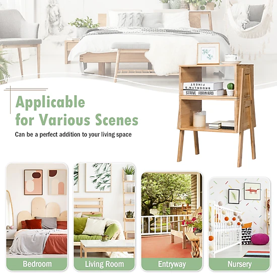 SUGIFT Set of 2 Stackable Bamboo Nightstands, 66 lb Capacity, Open Shelf, Natural Finish