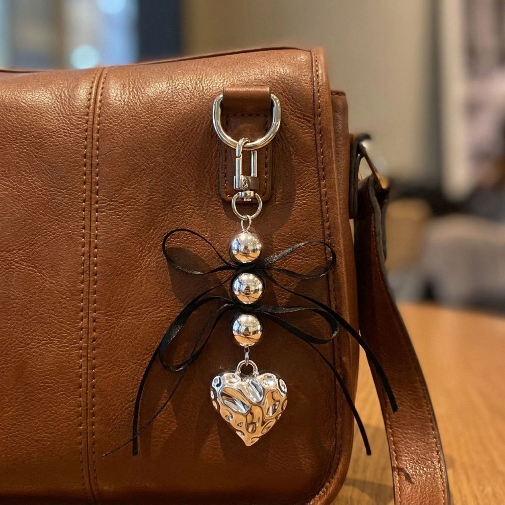 Alilang Women's 2 Pack Heart Charm Keychain with Bow Accent Bead Detail Clip and Key Ring Bag Accessory, Black