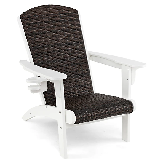 SUGIFT Patio Adirondack Chair White with Rattan Padded Seat and Hidden Cup Holder