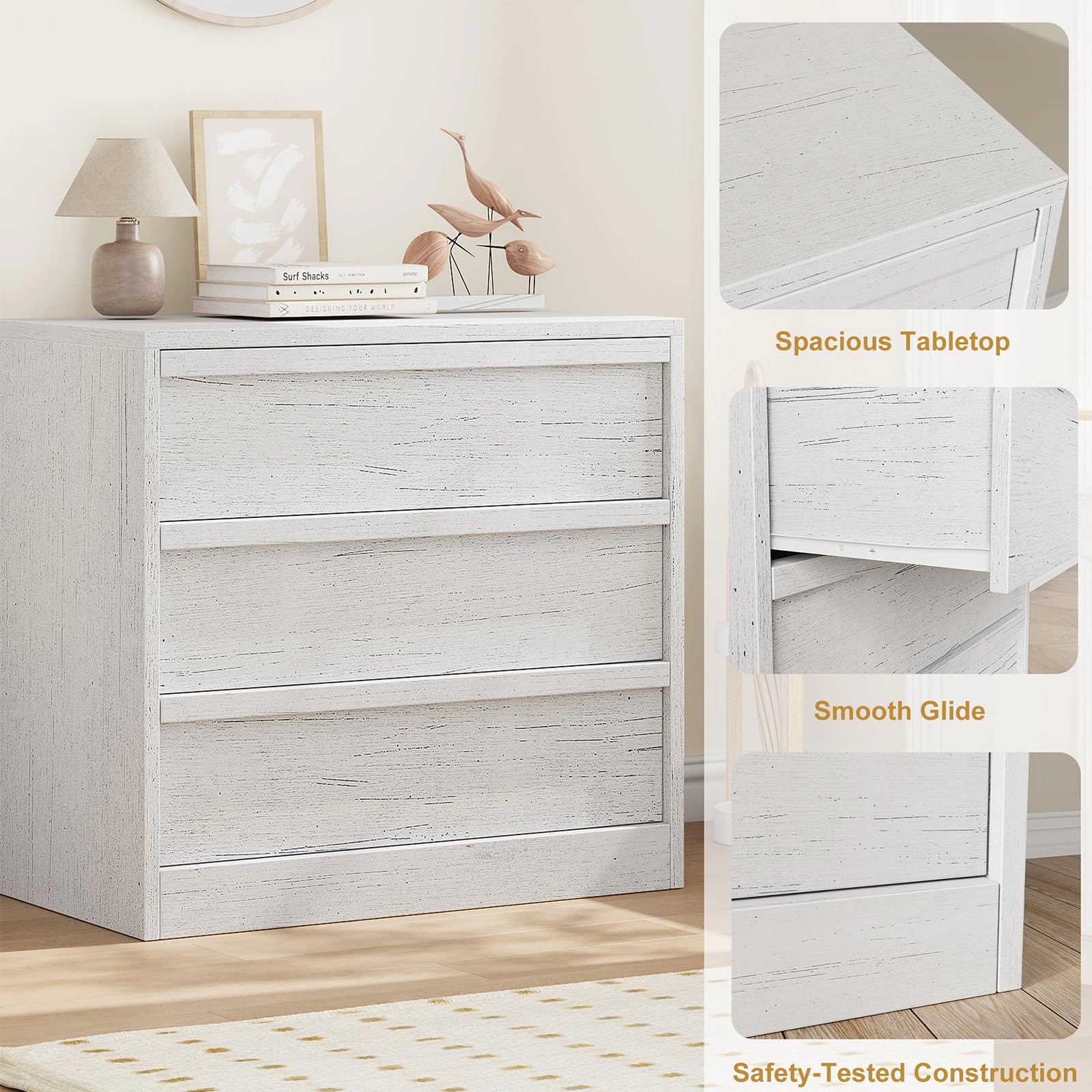 3 Drawer Dresser Nightstand, Modern Small Chest with Storage for Bedroom or Living Room