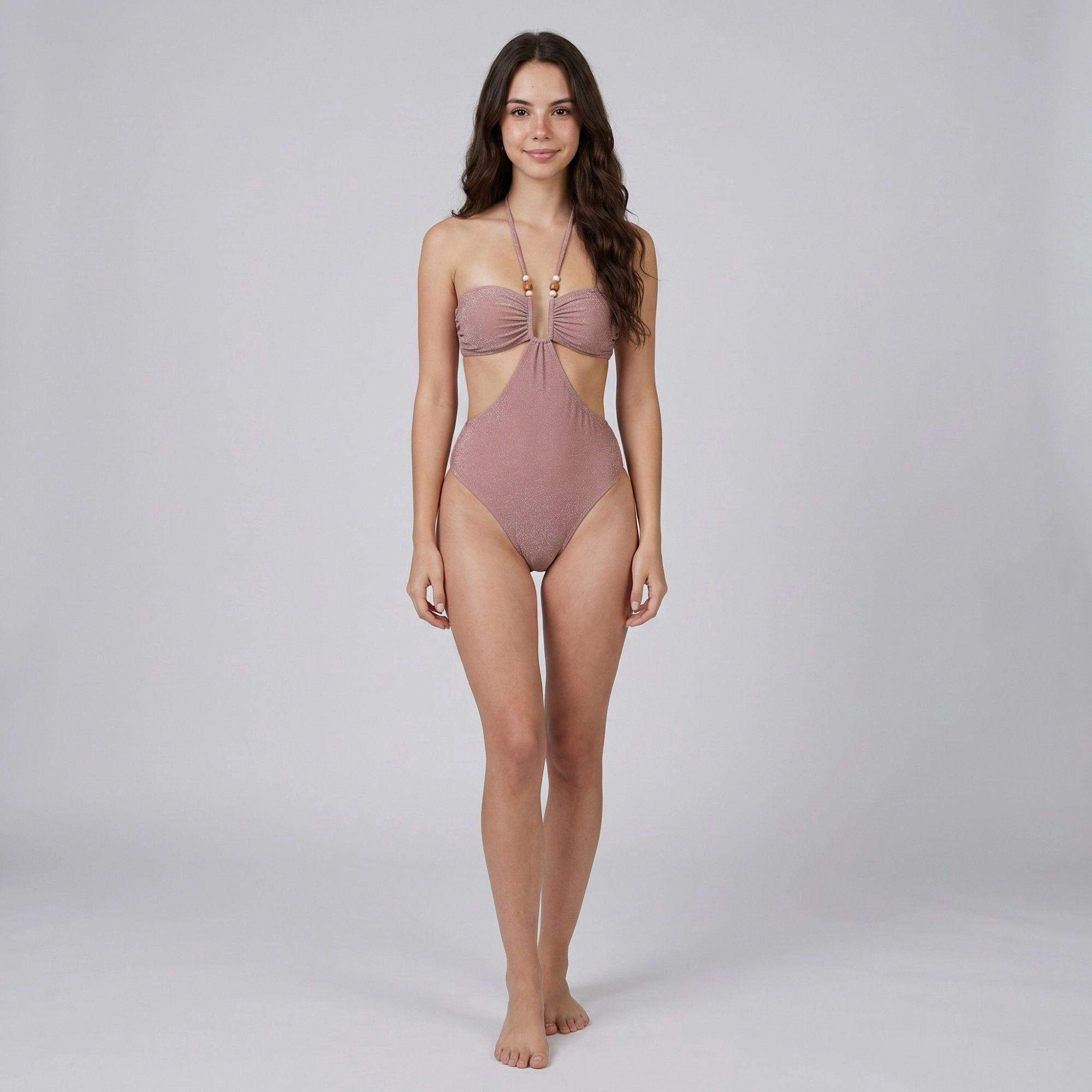 Anna-Kaci Shimmer Halter Cutout One-Piece Swimsuit - Beaded Strap, Ruched Bust, High Cut Leg
