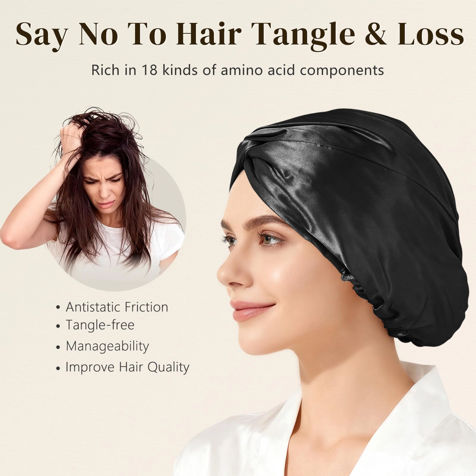PIGFDK 22 Momme Mulberry Silk Bonnet For Sleeping Women  Black