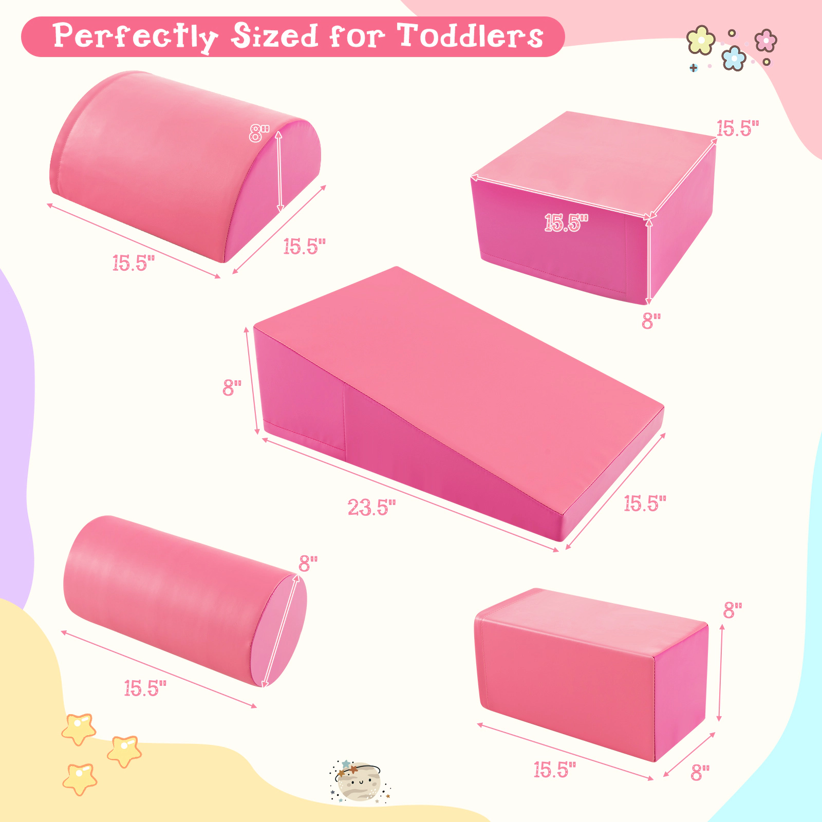 5-Piece Kids Climb and Crawl Activity Playset Foam Blocks Soft Play Set Removable Zippered PU Covers Pink