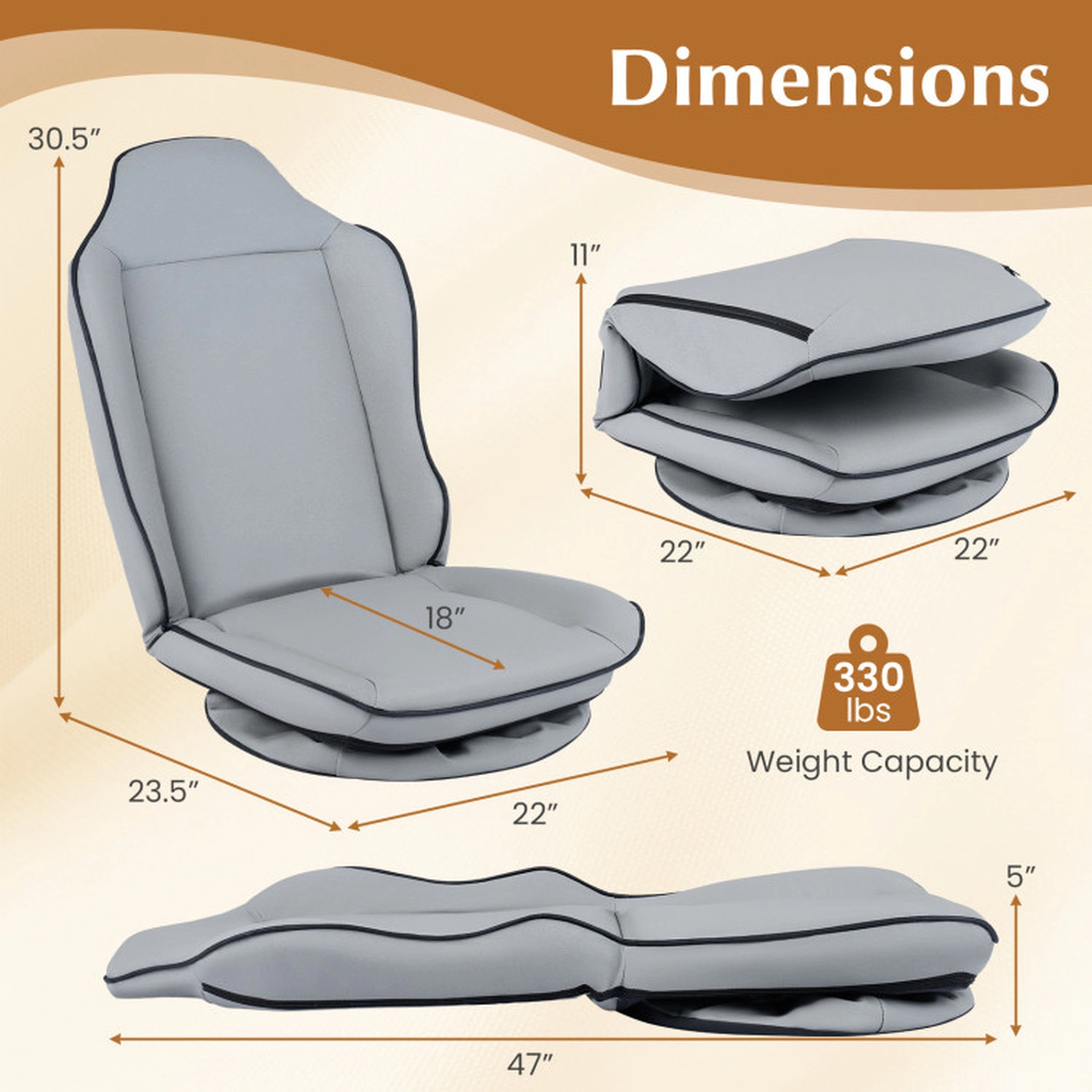 SUGIFT 360-Degree Swivel Floor Chair with 5-Level Adjustable Backrest and Padded Artificial Leather Seat