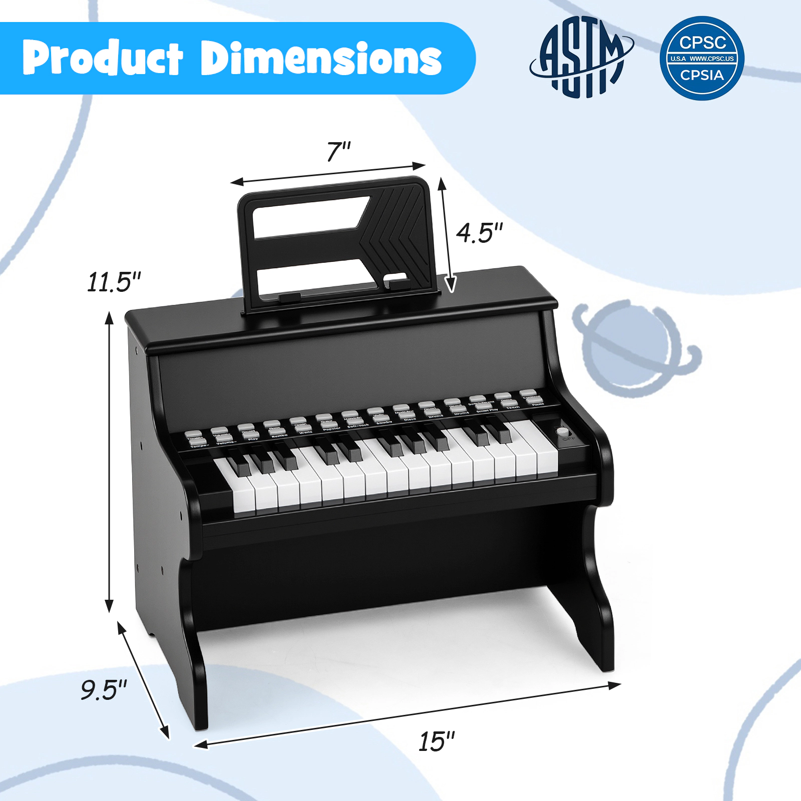 SUGIFT 25-Key Kids Piano Keyboard with Adjustable Volume and Speed Mini Size Ages 3+ with Music Stand Black