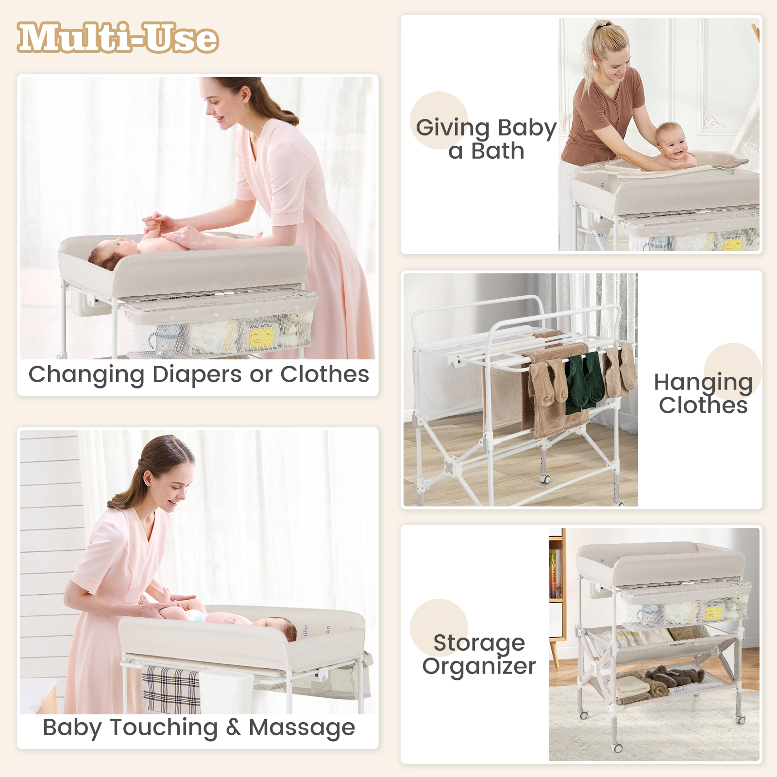 SUGIFT Portable Baby Changing Table with Wheels & Large Storage Rack 24-lb Capacity Ages 0-1 Adjustable Height Gray/Pink