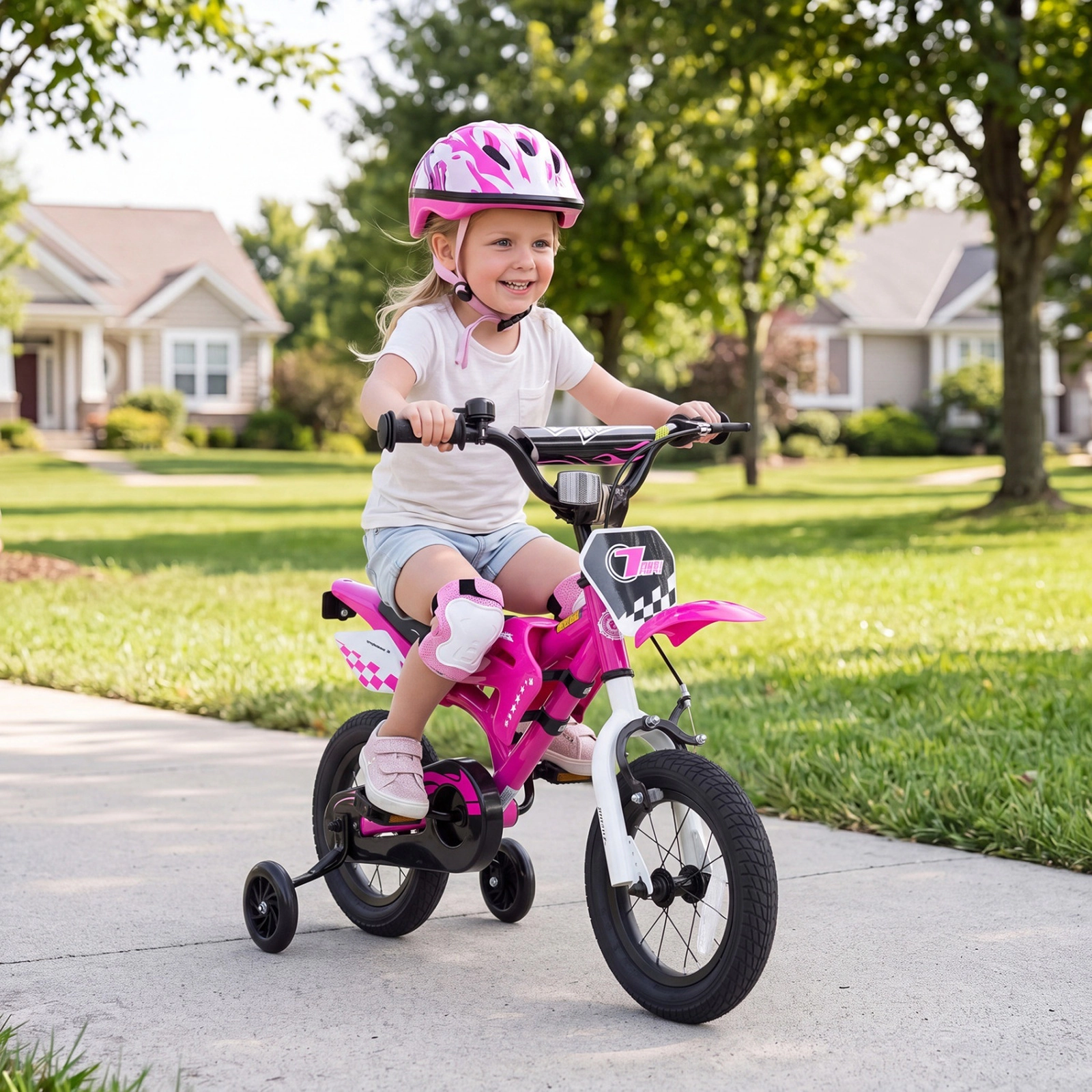 12-in Kids Bike with Number Plate Race Graphics Training Wheels Bell and Reflectors for Ages 3-4 Pink Bicycle