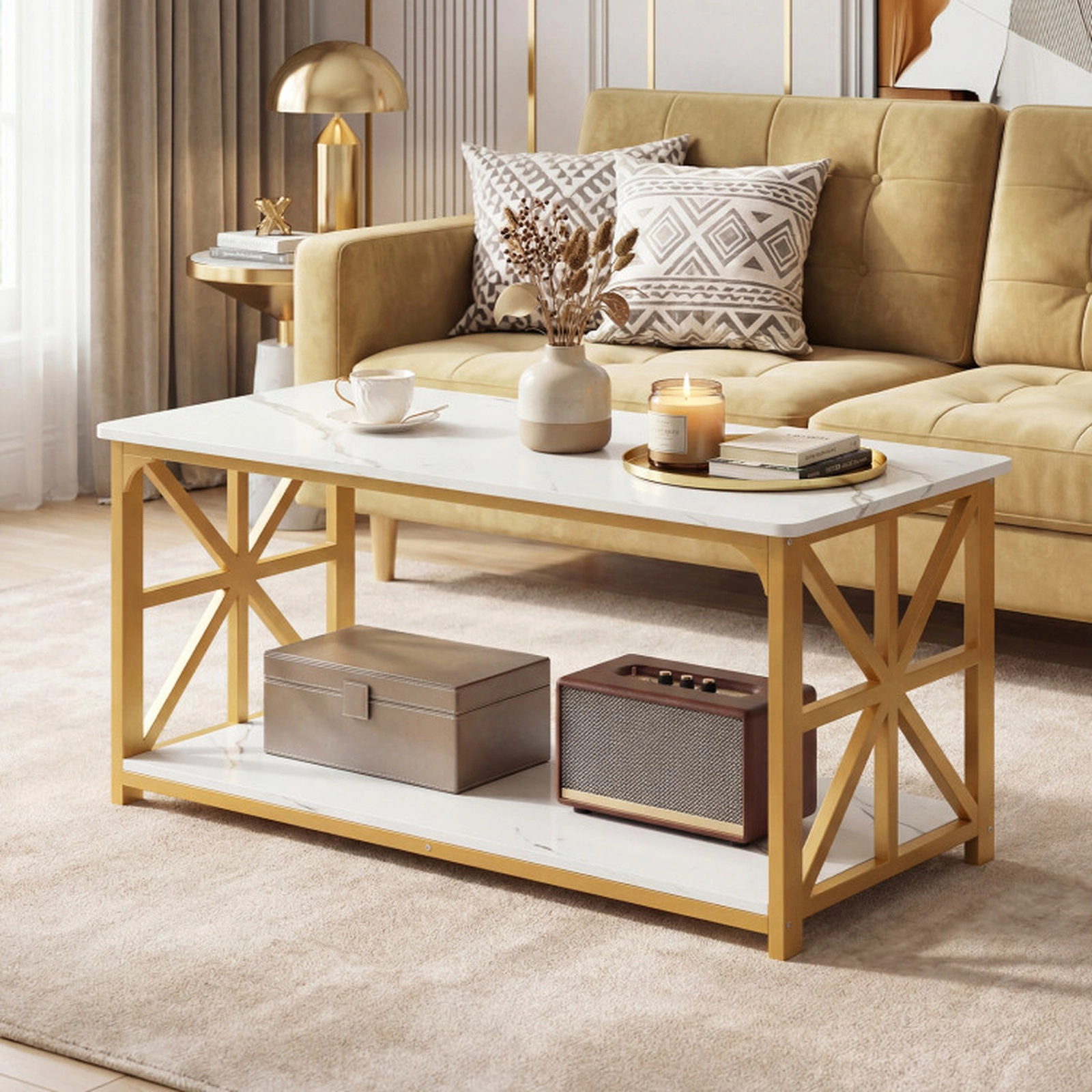 SUGIFT 43-in 290-lb Overall Capacity 2-Tier White and Gold Classic Coffee Table with X-Shaped Steel Frame