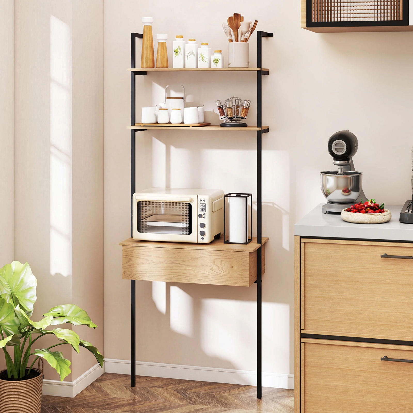 SUGIFT 73-in Tall 4-Tier 120-lb Capacity Natural Ladder Bookshelf with Drawer and Metal Frame Anti-Tipping Kits