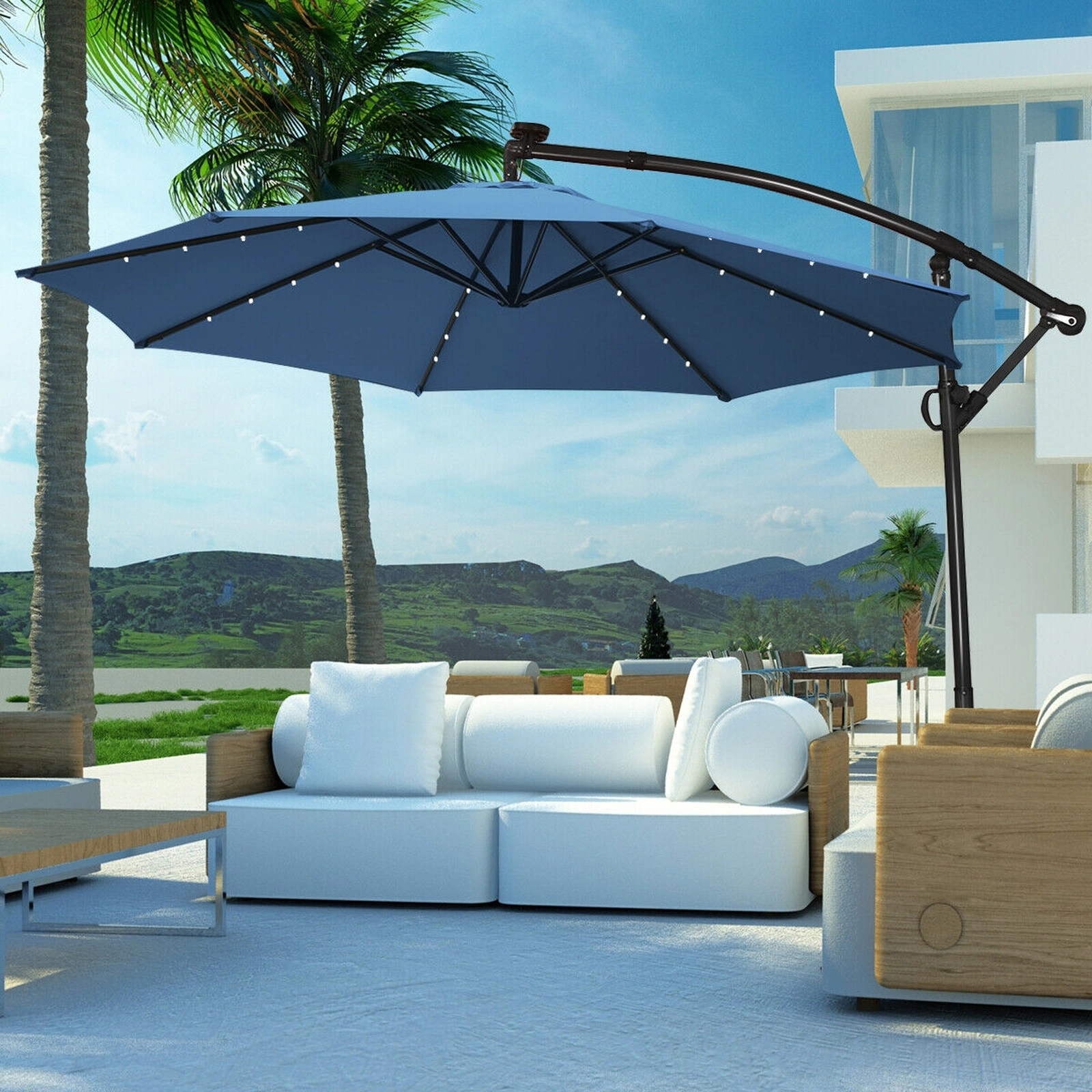 SUGIFT 10-ft Blue Solar LED Offset Patio Umbrella with 360-Degree Rotation 8 Ribs and 32 Lights 7.5-ft H