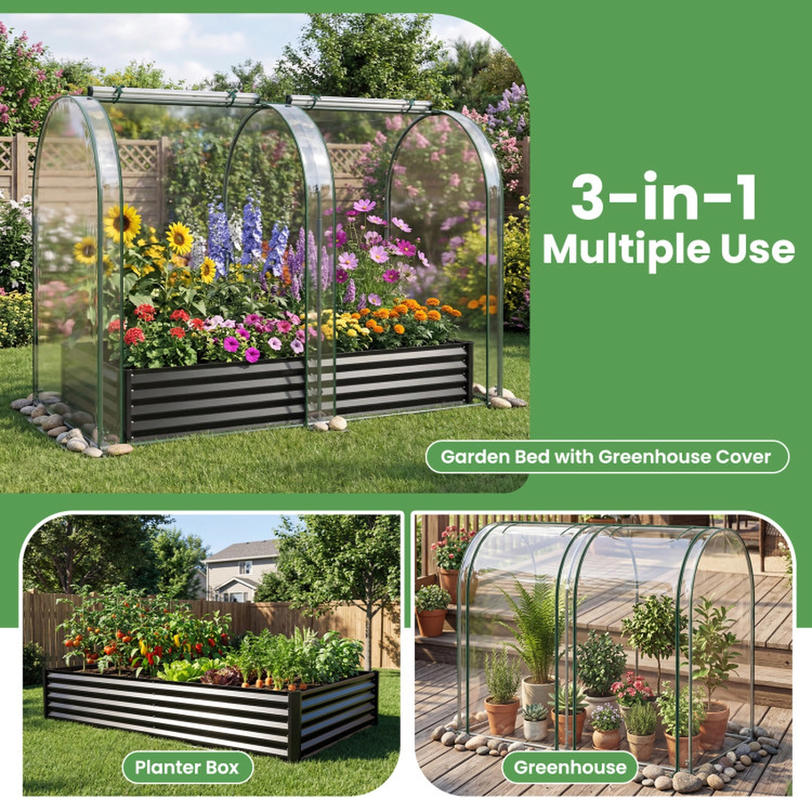 SUGIFT Black Galvanized Raised Garden Bed with PVC Greenhouse Cover 6-ft W 3-ft D 1-ft H 130-Gal Soil Capacity