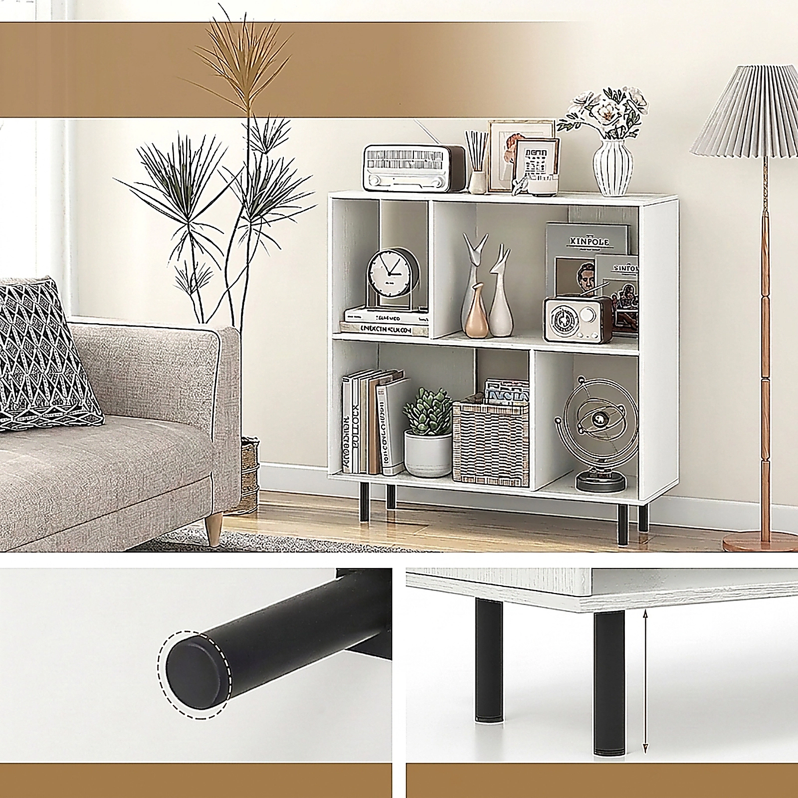 SUGIFT White Open Shelf Bookcase with 4 Compartments and Raised Metal Legs