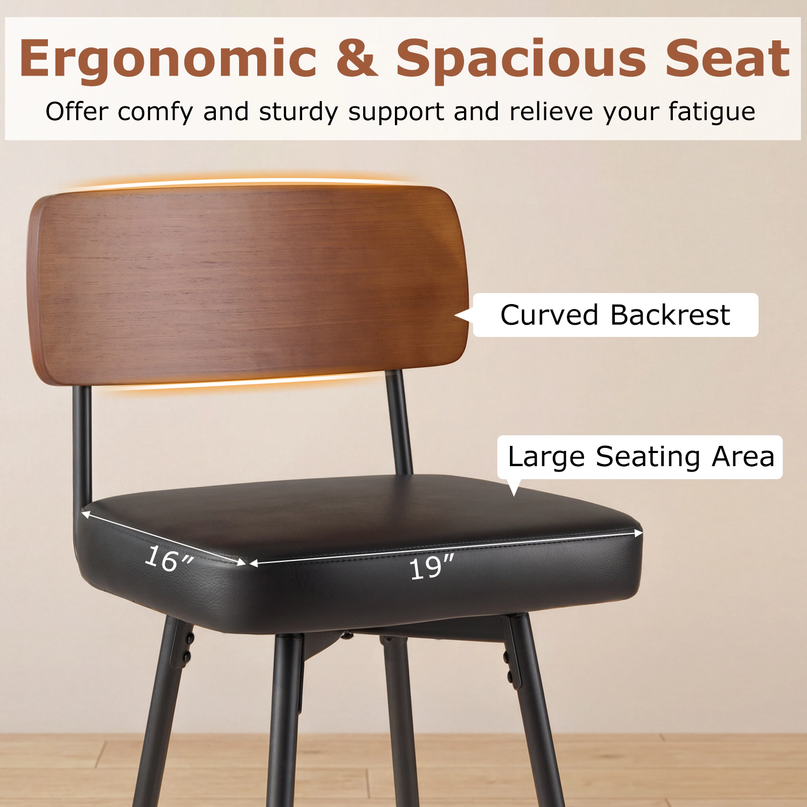 SUGIFT Set of 2 Black 27 in Swivel Counter Stools, Padded Seats, Wood Backrests