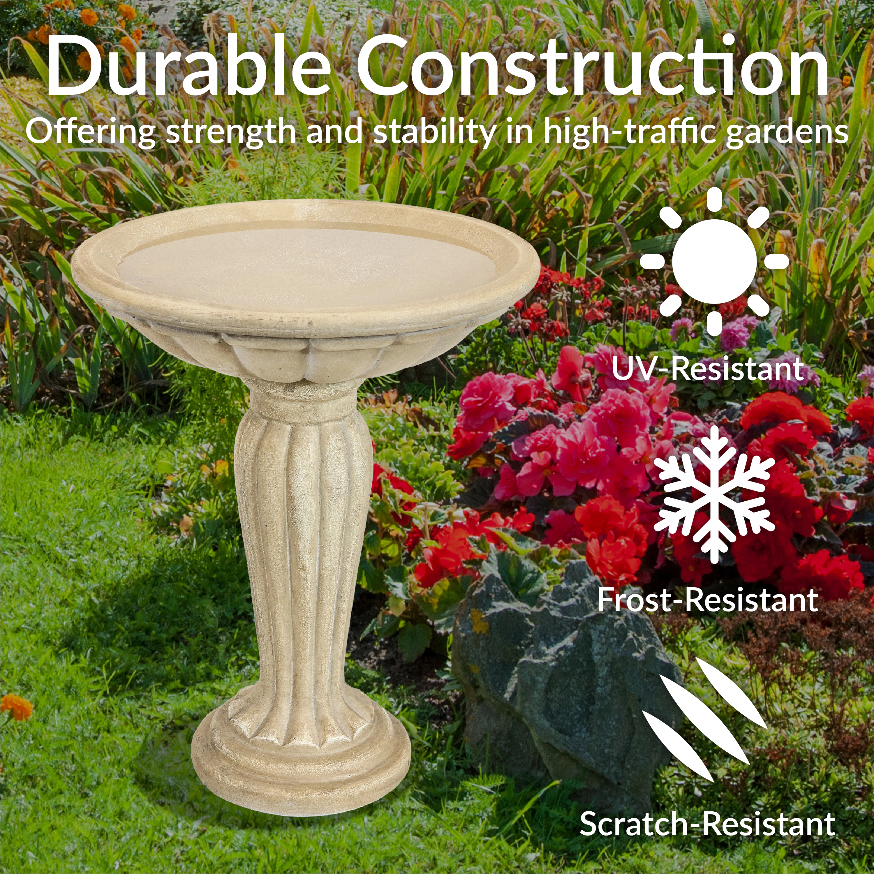 Sunnydaze Grecian Concrete Bird Bath for Outside, 20” H, Antique White