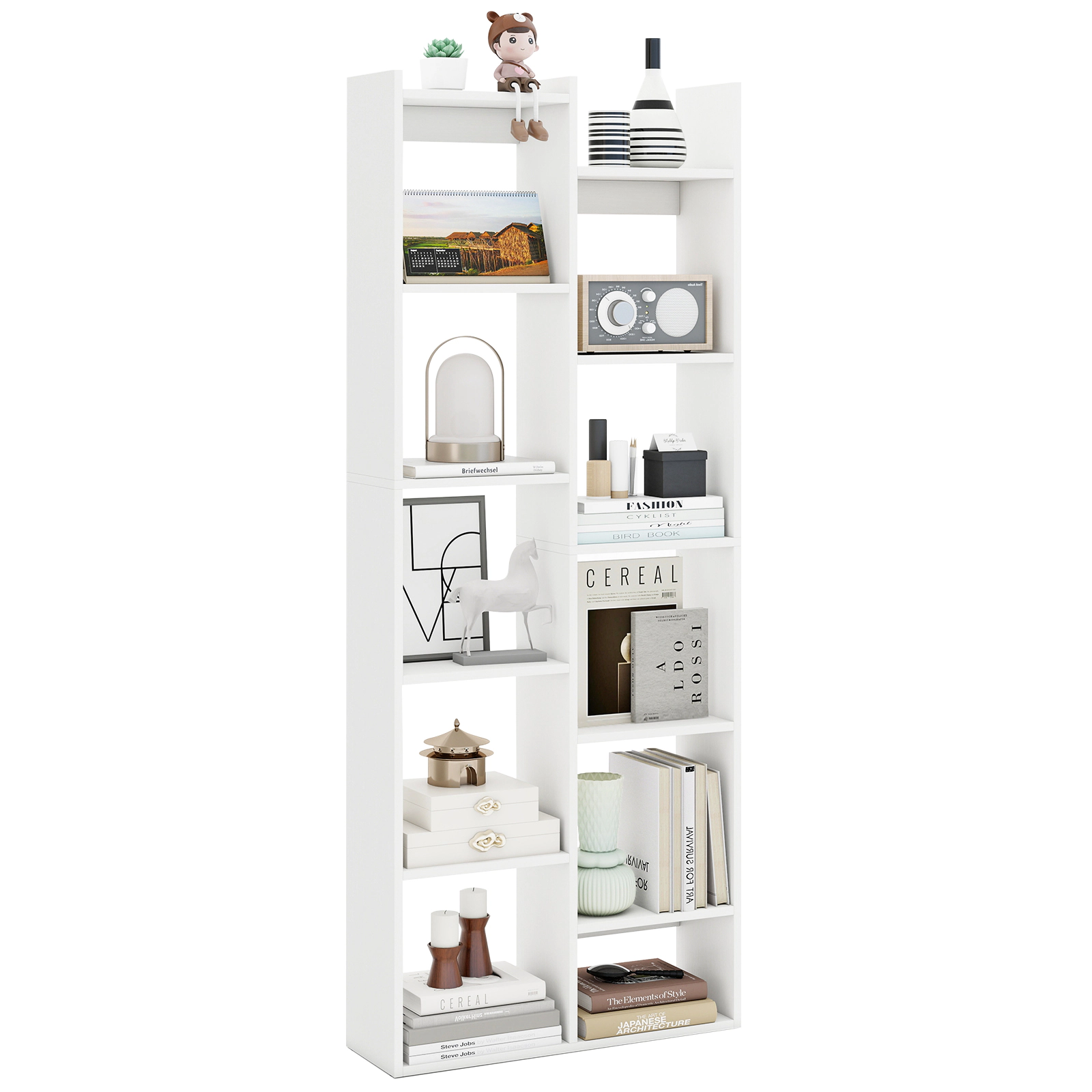 Costway 11-Tier Bookcase w/Anti-Tipping Kits Wood Display Shelf Tree-Shaped Bookshelf White