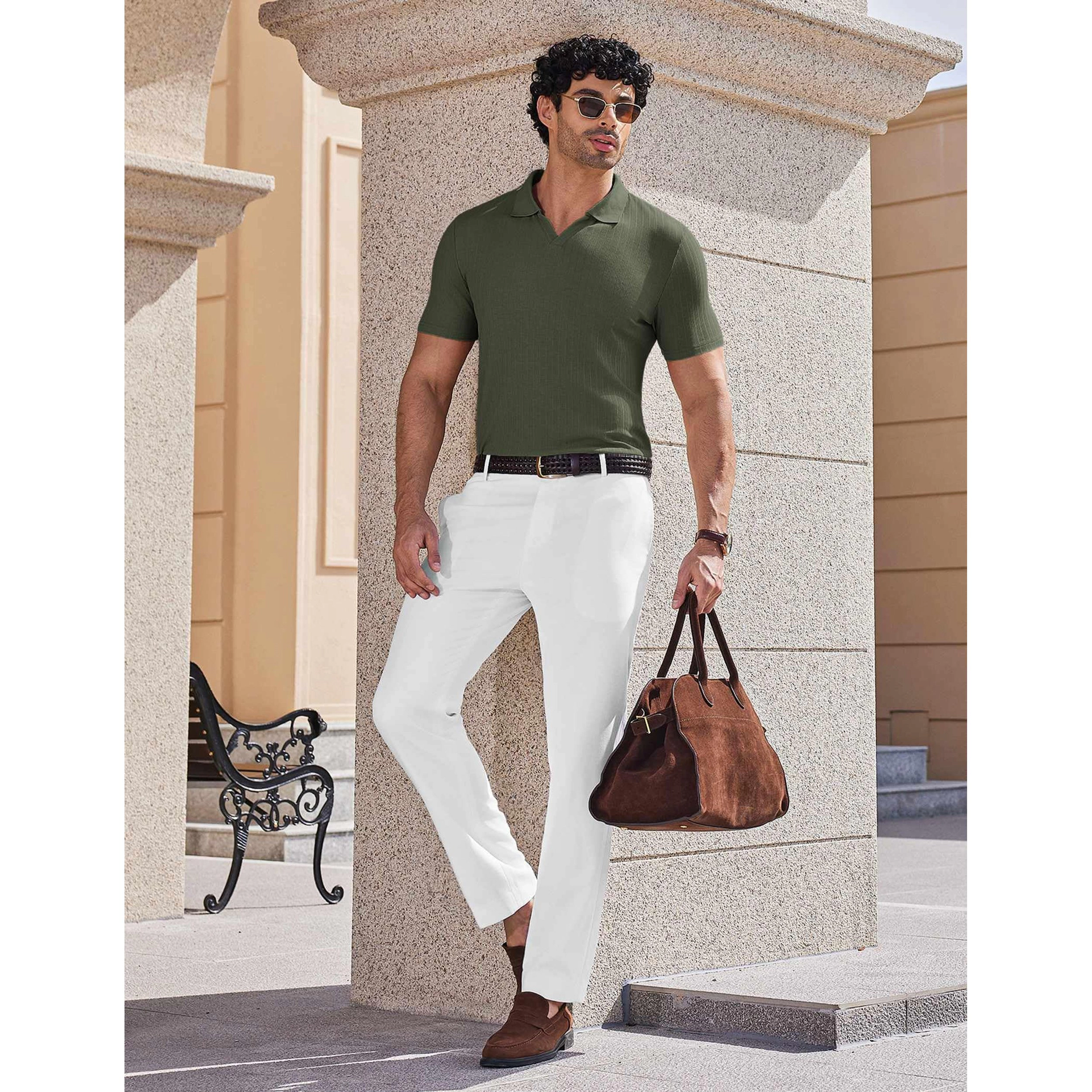 COOFANDY Mens Short Sleeve Polo Shirts  V Neck Collared Ribbed Casual Tops