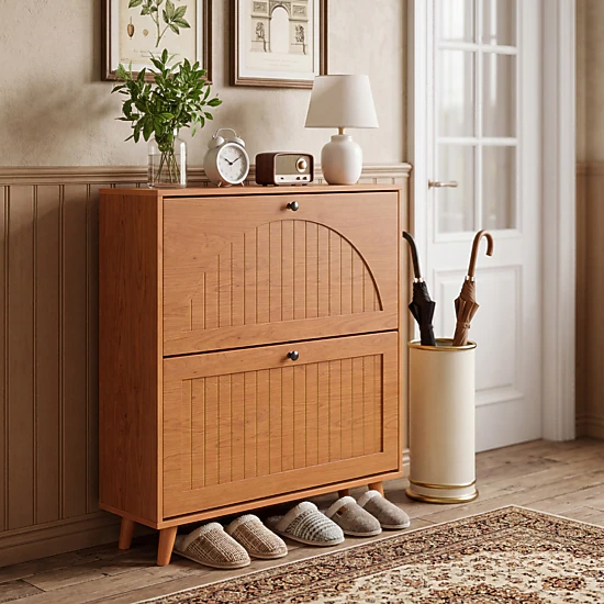 Glintex Slim Oak Shoe Cabinet with 2 Flip Drawers and Solid Wood Legs, Oak
