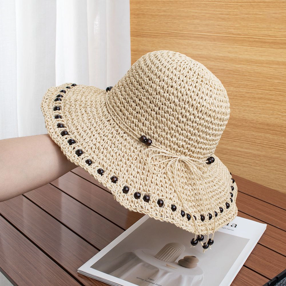 Anna-Kaci Womens Wide Brim Straw Sun Hat Beaded Trim Handmade Crochet Beach Vacation