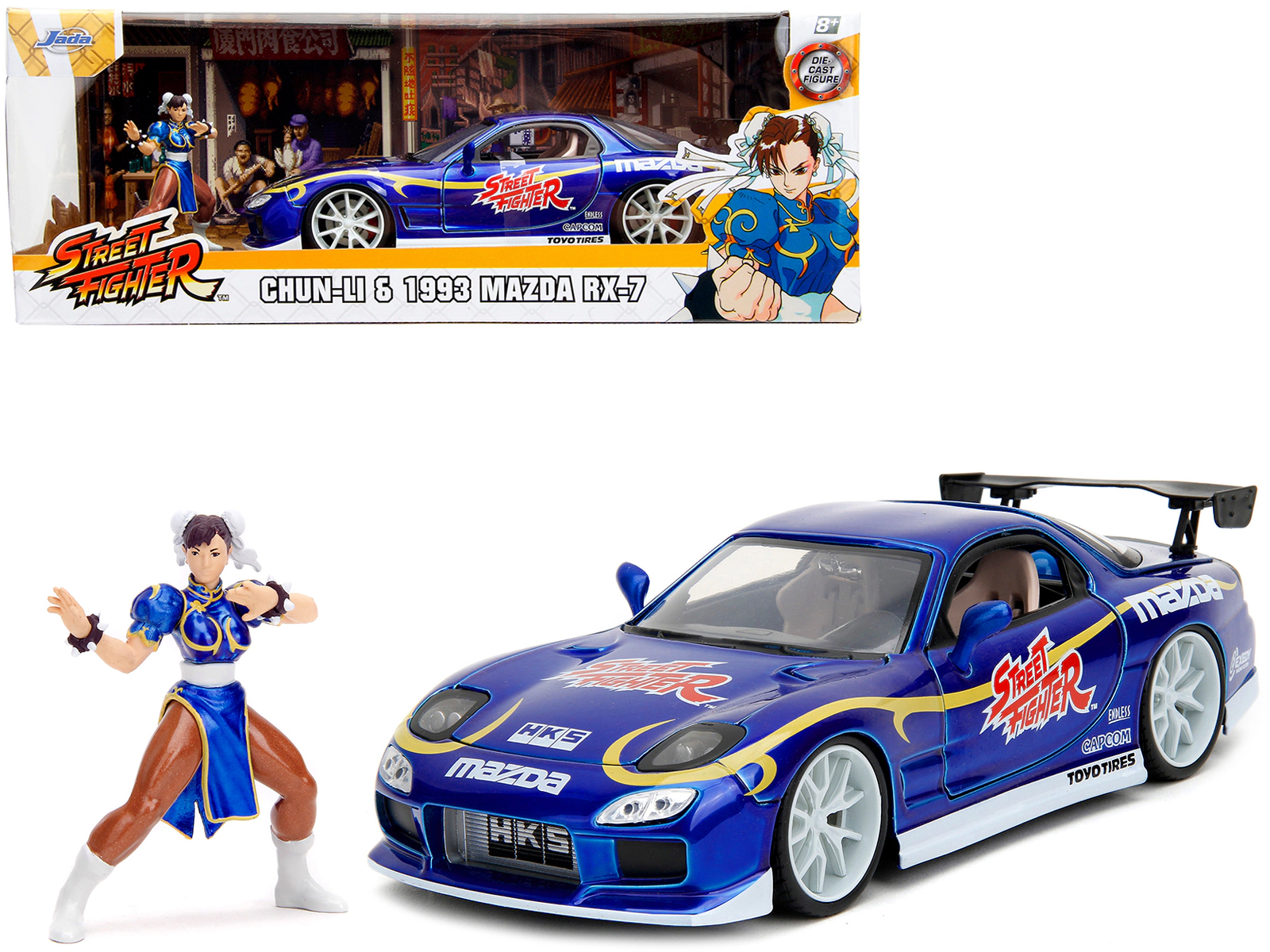 Jada 1993 Mazda RX-7 Candy Blue Metallic with Graphics and Chun-Li Diecast Figure "Street Fighter" Video Game