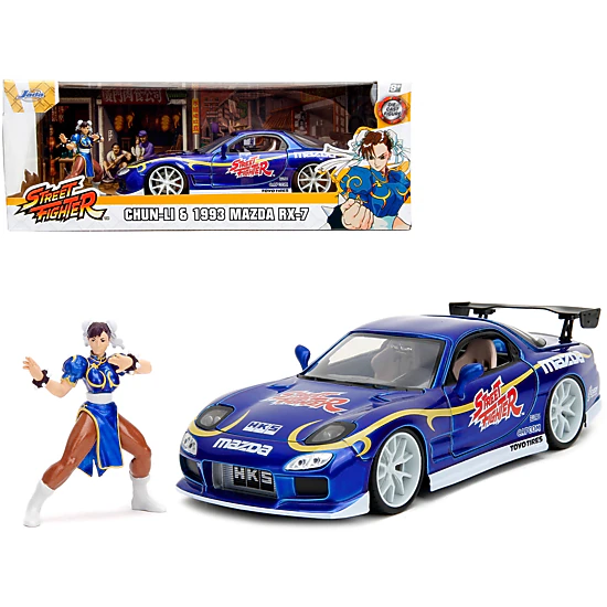 Jada 1993 Mazda Rx-7 Candy Blue Metallic With Graphics And Chun-Li Diecast Figure "Street Fighter" Video Game