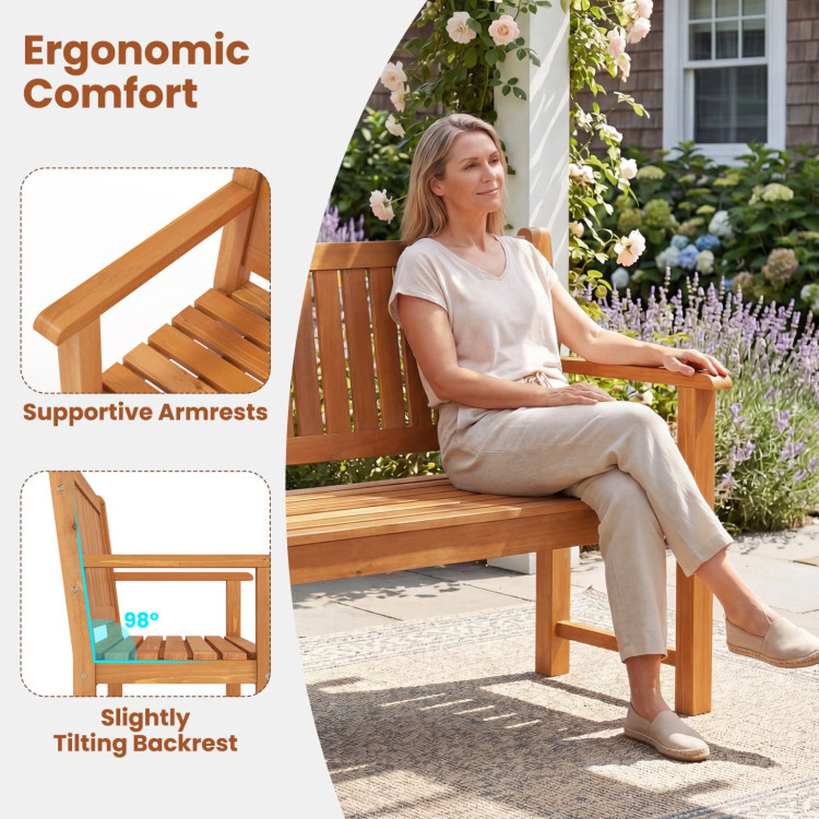 SUGIFT 3-Seater Outdoor Fir Wood Bench 990-lb Capacity Garden Bench with Backrest Brown/Natural