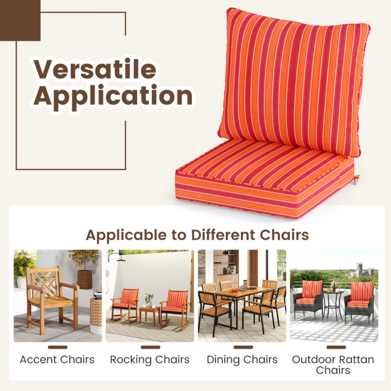 SUGIFT Orange Deep Seat Outdoor Patio Chair Cushion Set with Back Pad and Rope Belts 25-in W 25-in D 5-in H
