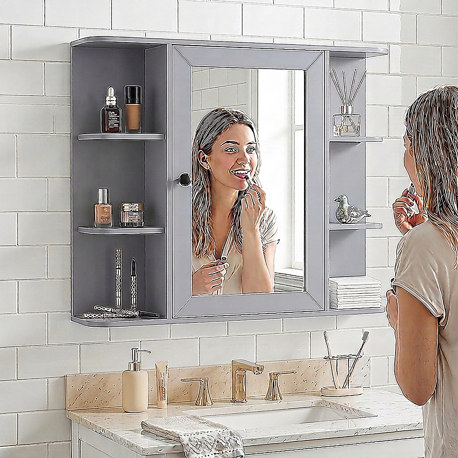 SUGIFT Mirrored Door 3 Compartments 6 Open Shelves Wall Bathroom Medicine Cabinet 26-in x 6.5-in x 25-in 120-lb Gray