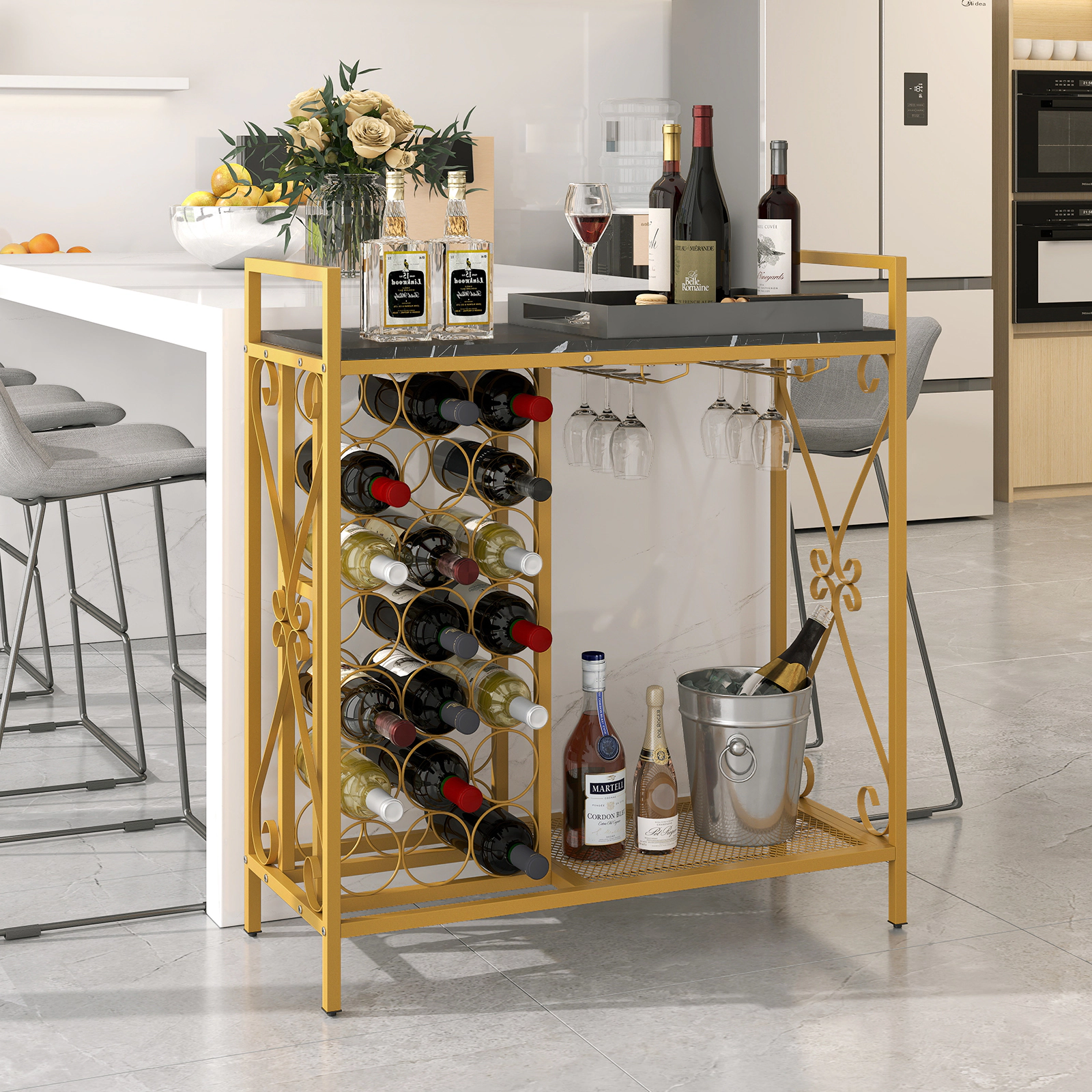 SUGIFT 40-in 21-Bottle Freestanding Floor Wine Rack with 6-Glass Holder and Metal Storage Stand