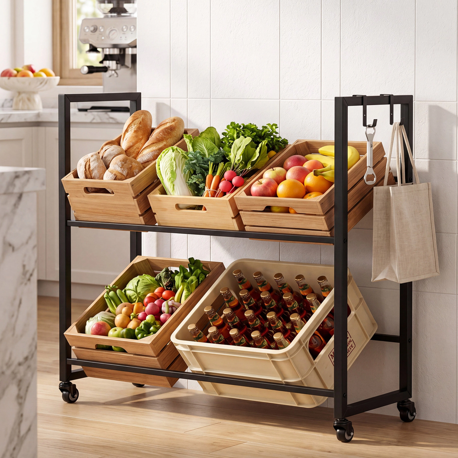 LJG 2-Tier Drink Crate Rack with 4 Universal Wheels for Beer and Water Kitchen and Bar