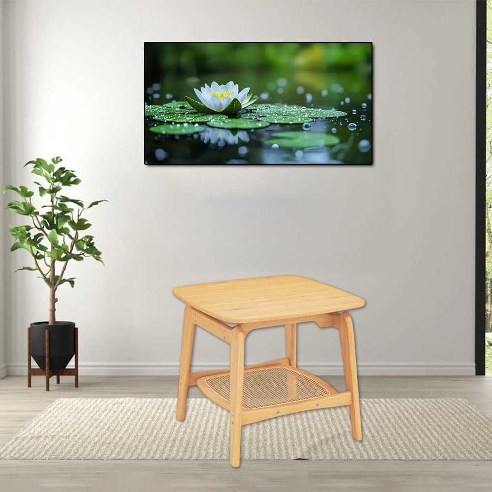 Hivvago Bamboo Accent Table with Faux Rattan Lower Storage Shelf