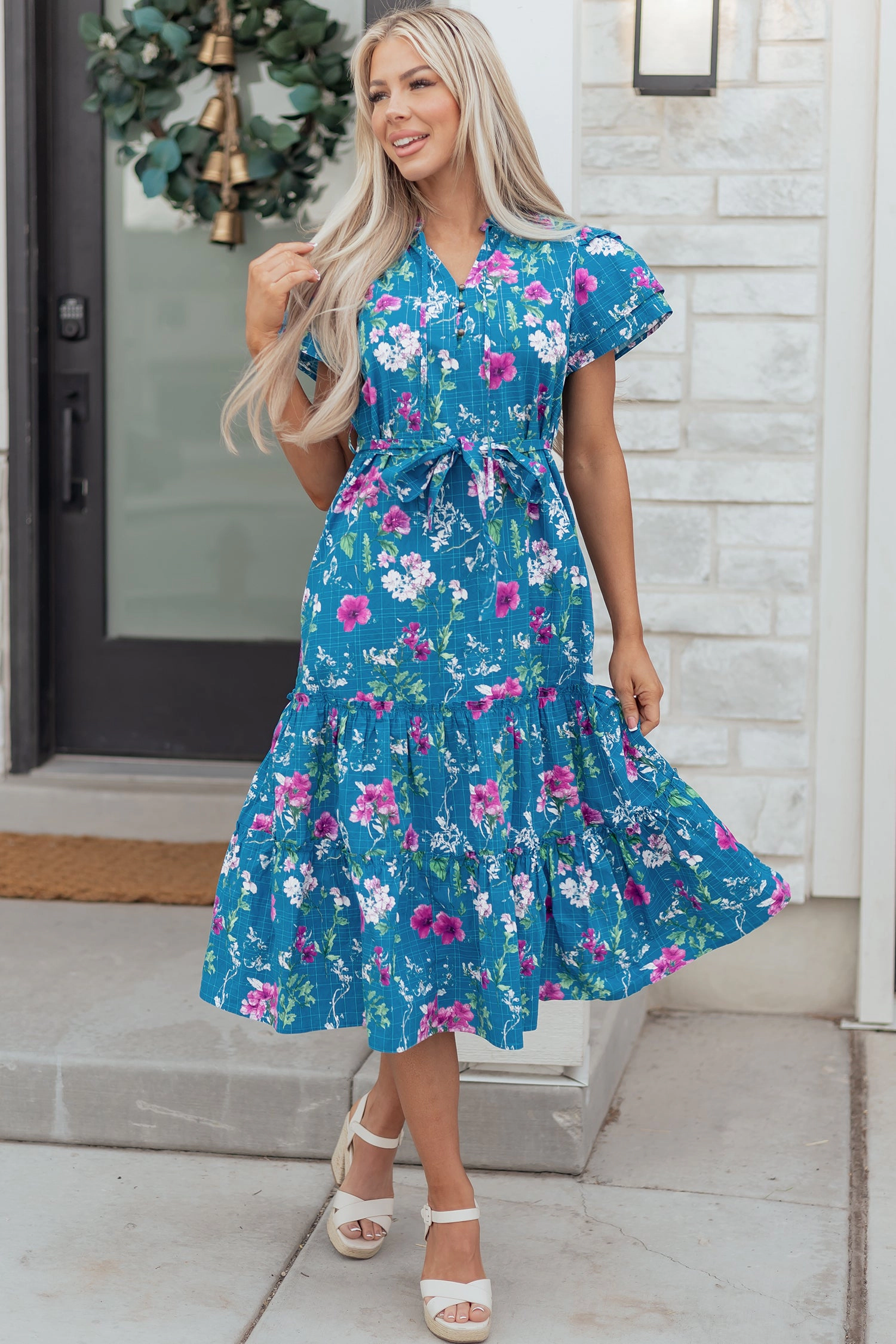 Threaded Pear Women's Tessa Tie Belted Long Dress