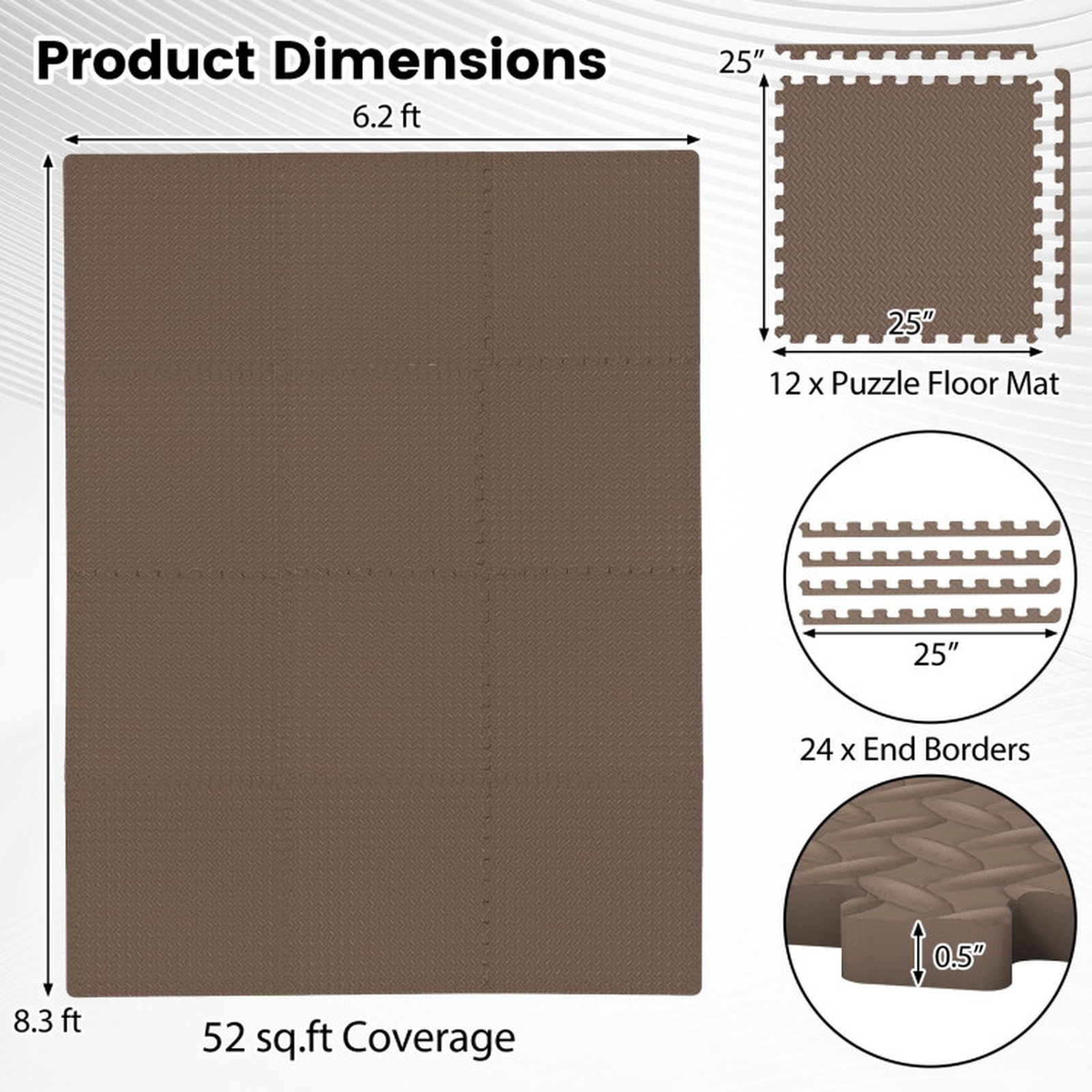 SUGIFT Brown 12 Tile Puzzle Exercise Floor Mats with Leaf Texture Surface 25-in W 25-in D 0.5-in H 52 Sq Ft