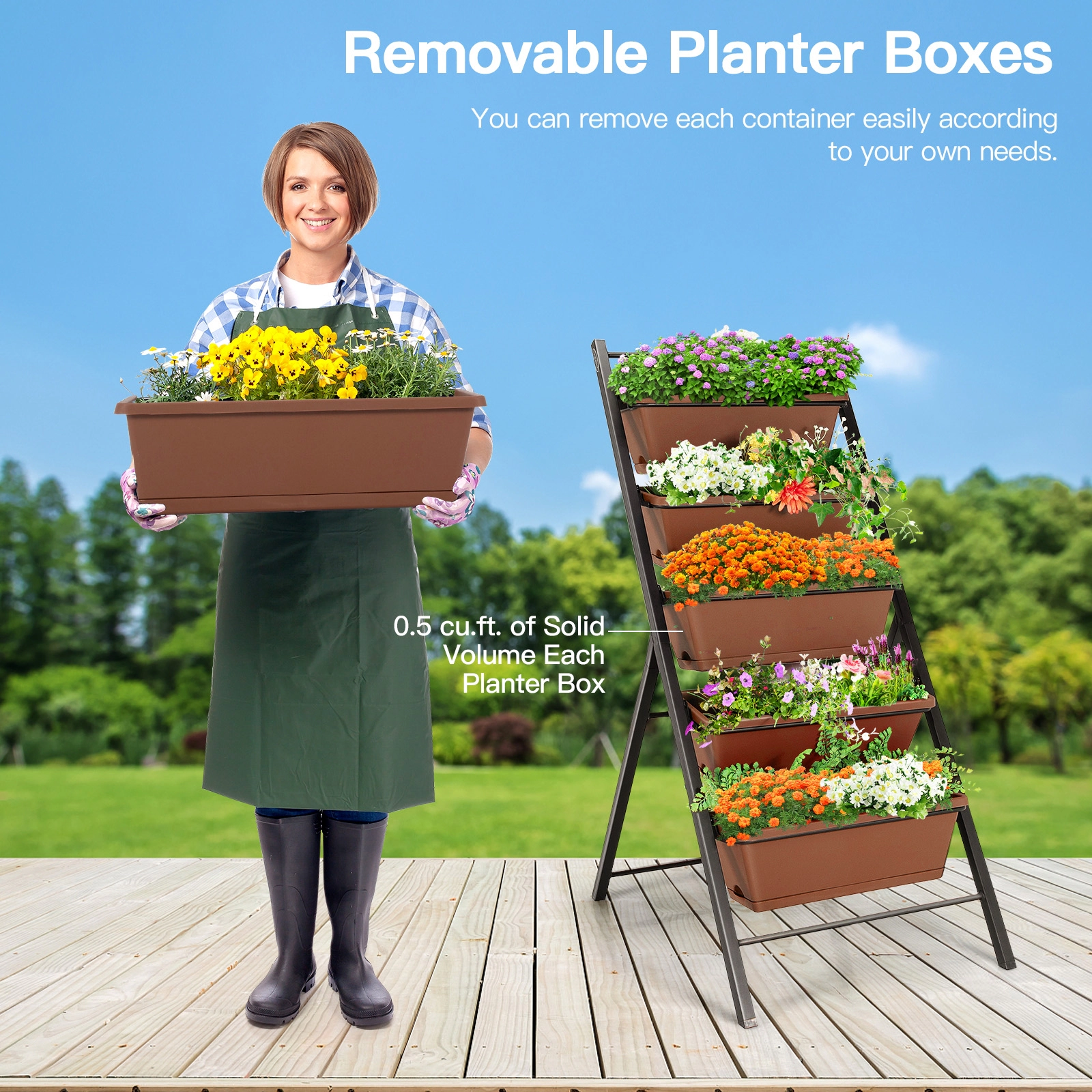 SUGIFT 5-Tier Vertical Garden Planter Box Elevated Raised Bed 22-lb Capacity Per Box Brown/Green